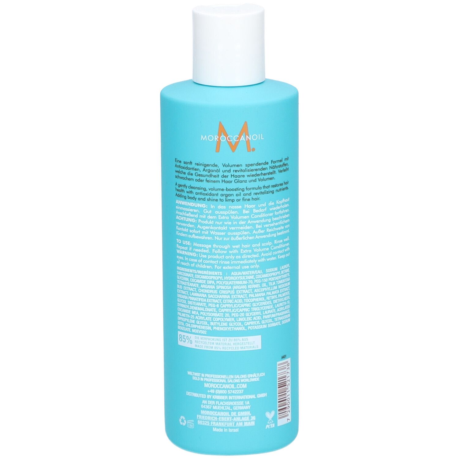 Flacone blu turchese con tappo bianco. Testo sul retro. Scritta: Moroccanoil. 8.5 FL.OZ./250 ml.