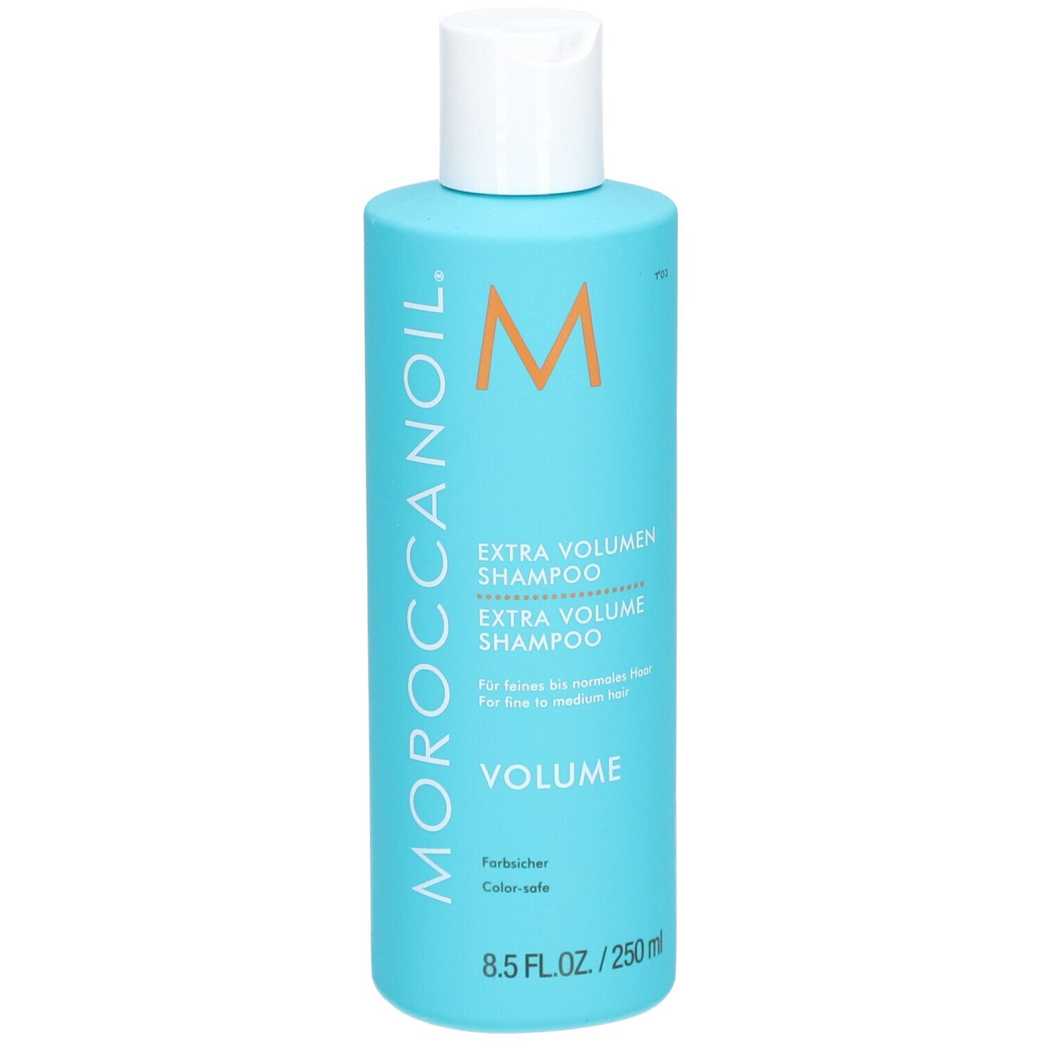 Flacone blu turchese con tappo bianco. Scritta: Moroccanoil, Extra Volumen Shampoo. 8.5 FL.OZ./250 ml.