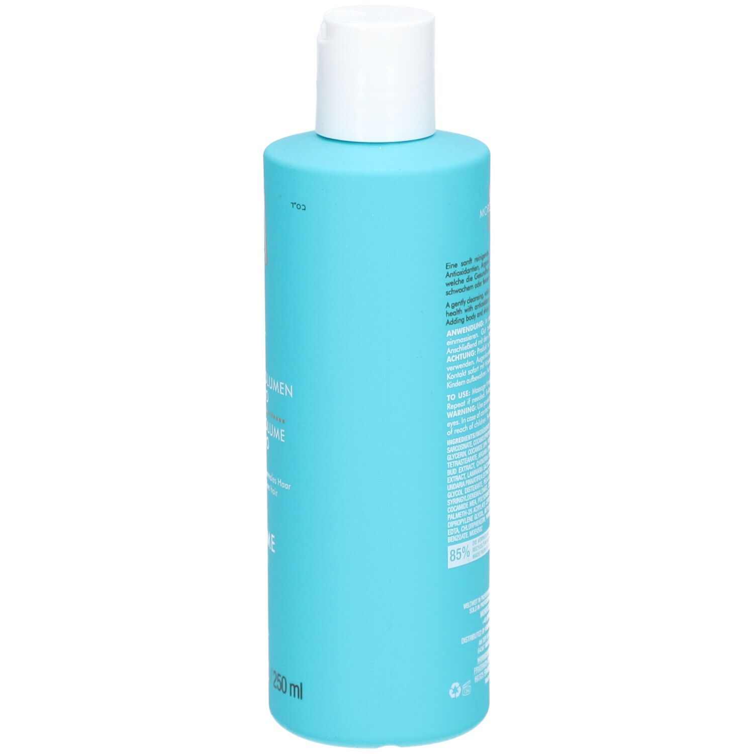 Flacone blu turchese con tappo bianco. Testo sul retro. Scritta: Moroccanoil. 8.5 FL.OZ./250 ml.