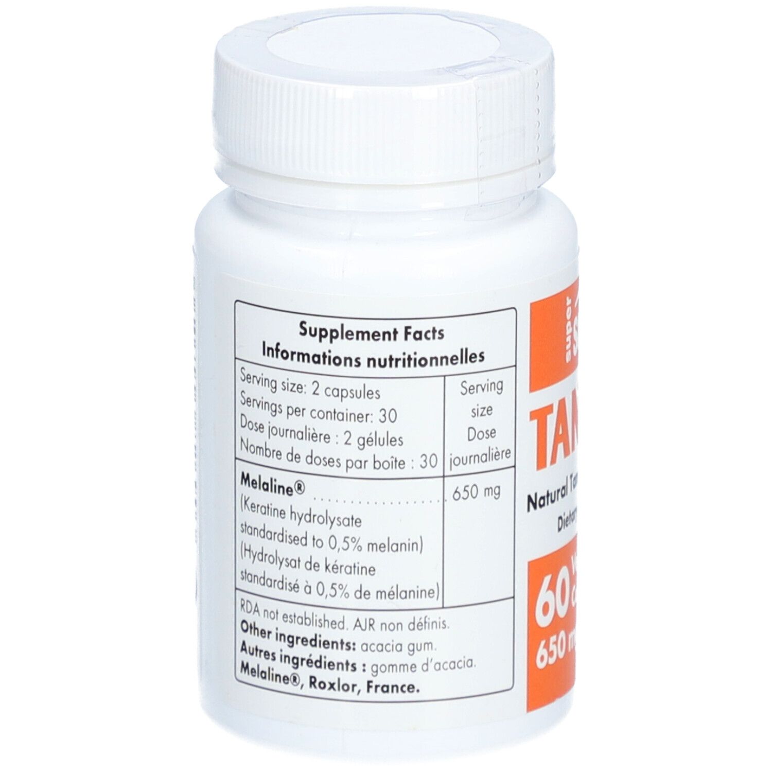 Flacone bianco, retro con informazioni nutrizionali. Contiene Melaline, 2 capsule per porzione, 30 porzioni per contenitore.