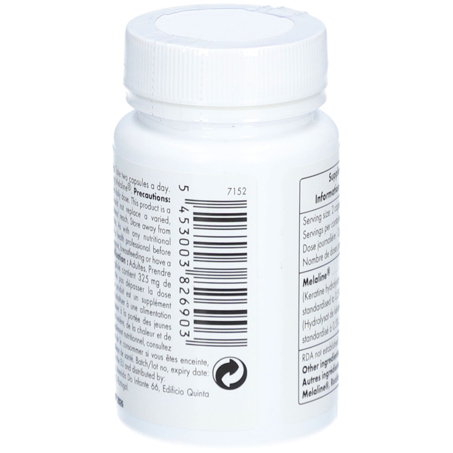 Flacone bianco, retro con codice a barre e testo. Contiene informazioni sugli ingredienti e sul produttore.