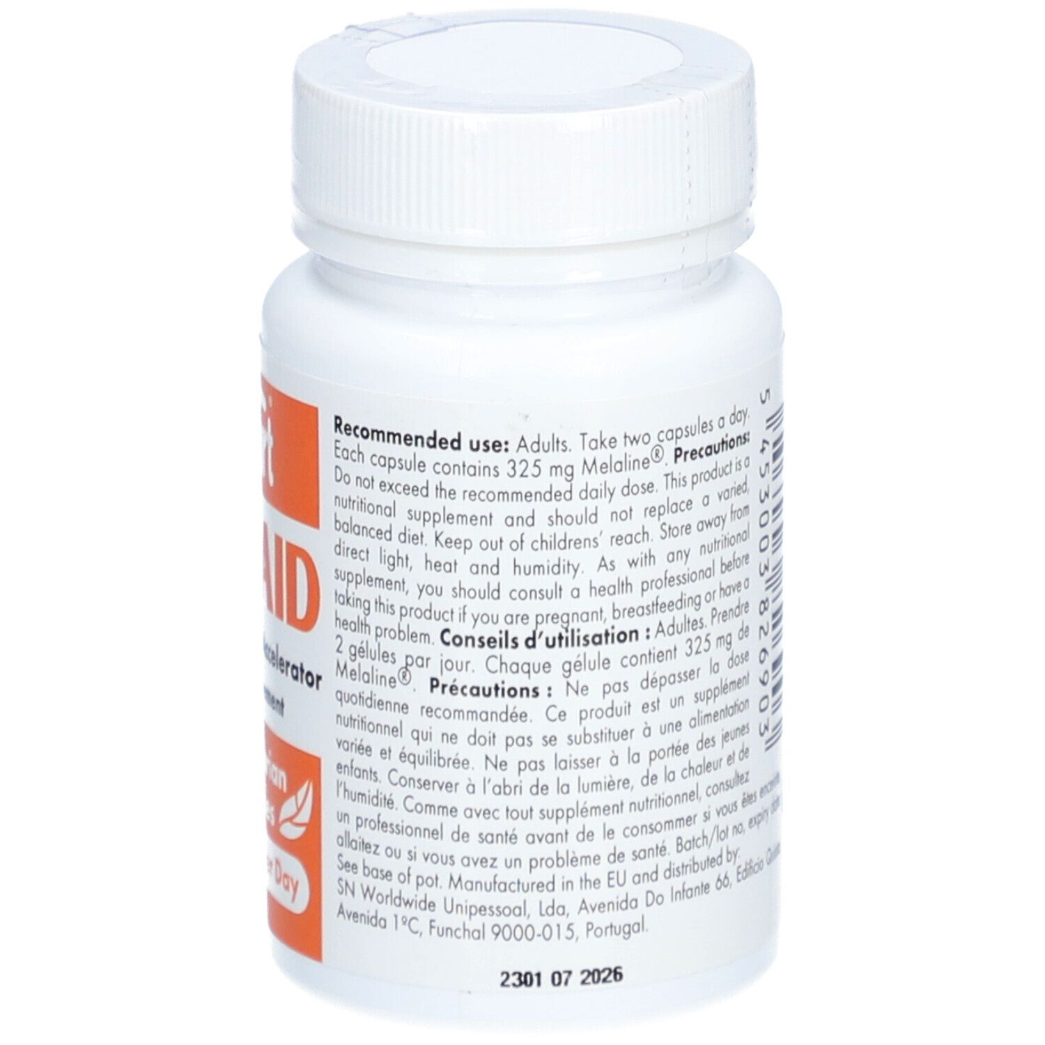 Flacone bianco con etichetta arancione. Scritta: TAN-AID, 60 capsule, 650 mg. Capsule vegetariane.