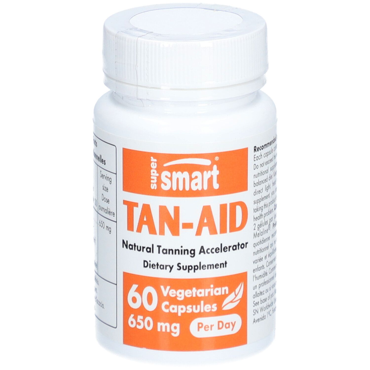 Flacone bianco con etichetta arancione. Scritta: TAN-AID, 60 capsule, 650 mg. Capsule vegetariane.
