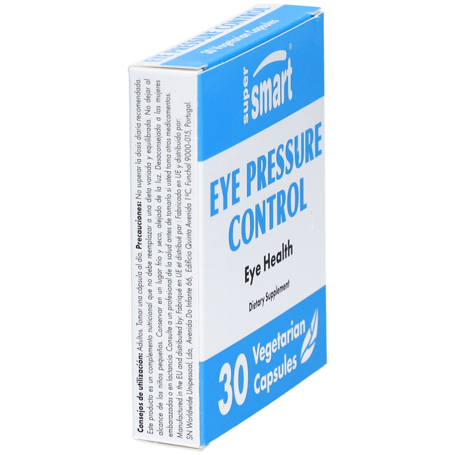 Scatola SuperSmart Eye Pressure Control. 30 capsule vegetariane. Vista laterale. Testo: Eye Health, Dietary Supplement. Colori: blu e bianco.