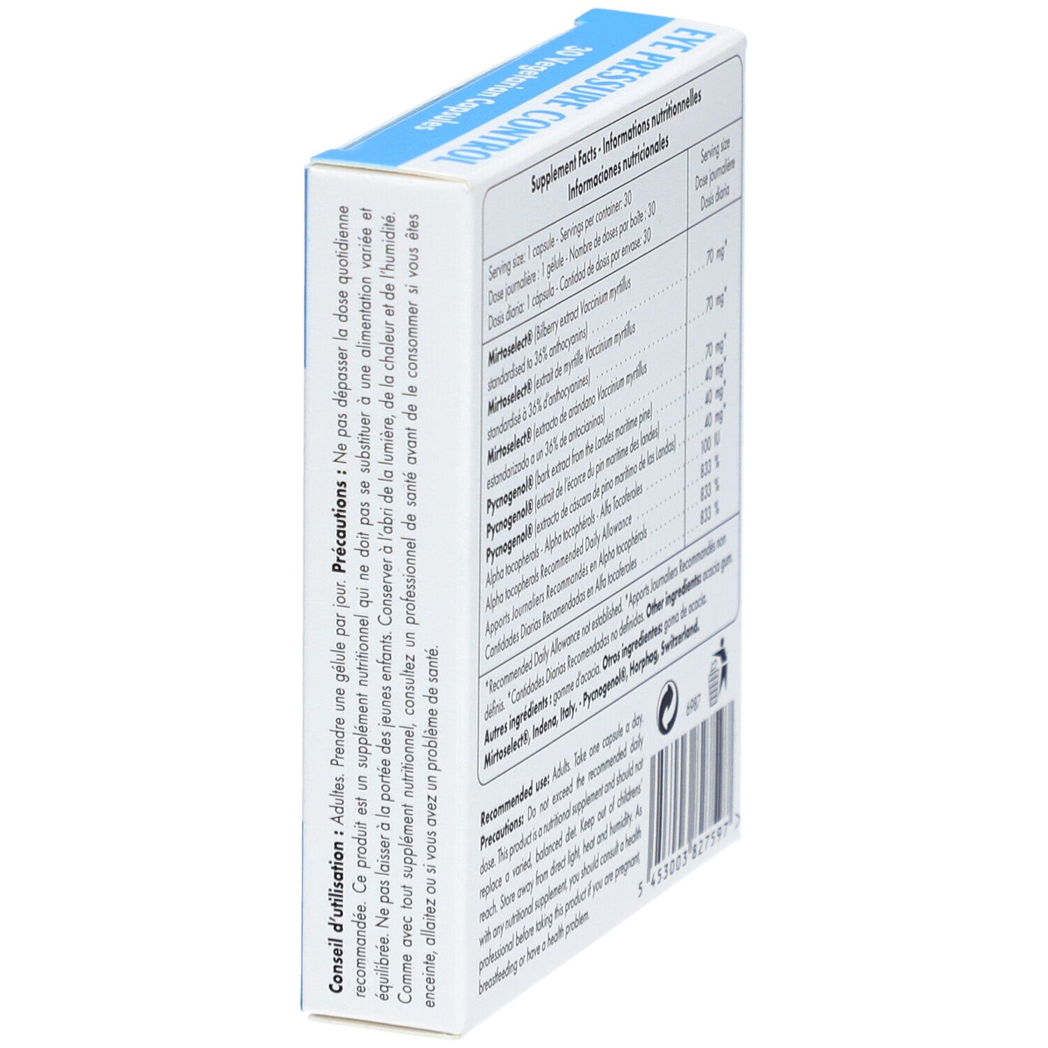 Confezione SuperSmart Eye Pressure Control. Vista laterale. Informazioni sugli ingredienti e il dosaggio. Testo multilingue.