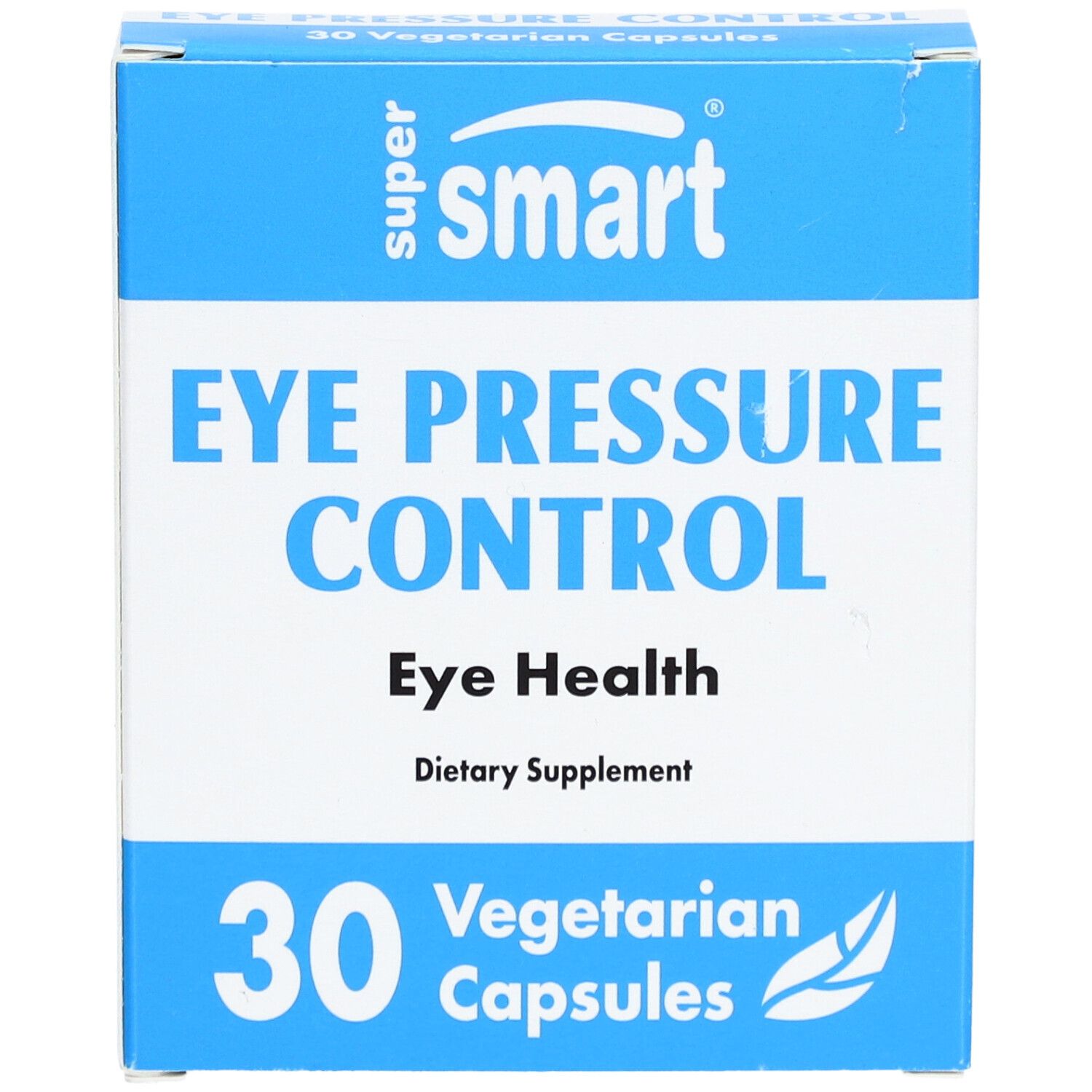 Scatola SuperSmart Eye Pressure Control. 30 capsule vegetariane. Scritta: Eye Health, Dietary Supplement. Colori: blu e bianco.