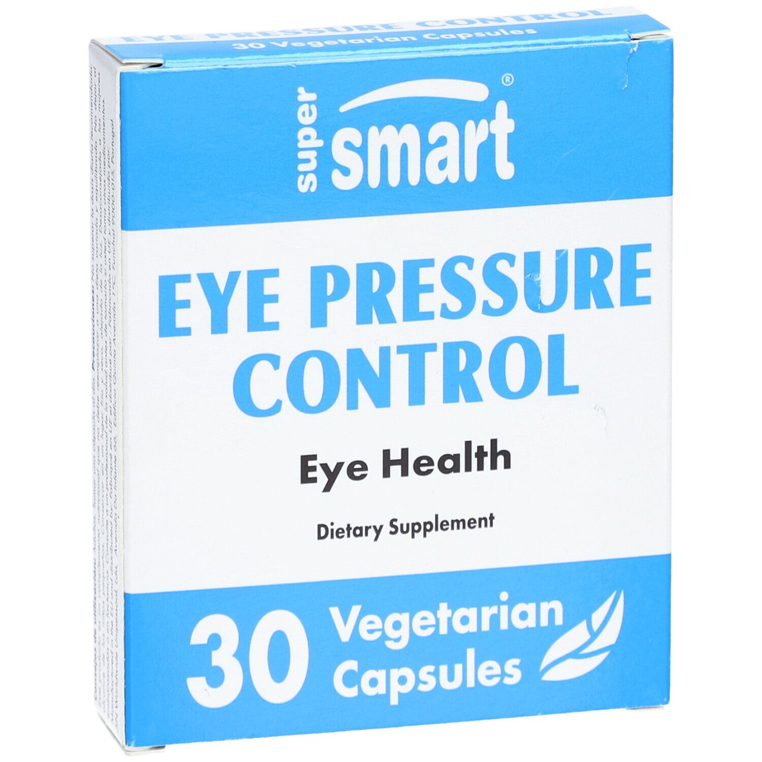Scatola SuperSmart Eye Pressure Control. 30 capsule vegetariane. Scritta: Eye Health, Dietary Supplement. Colori: blu e bianco.