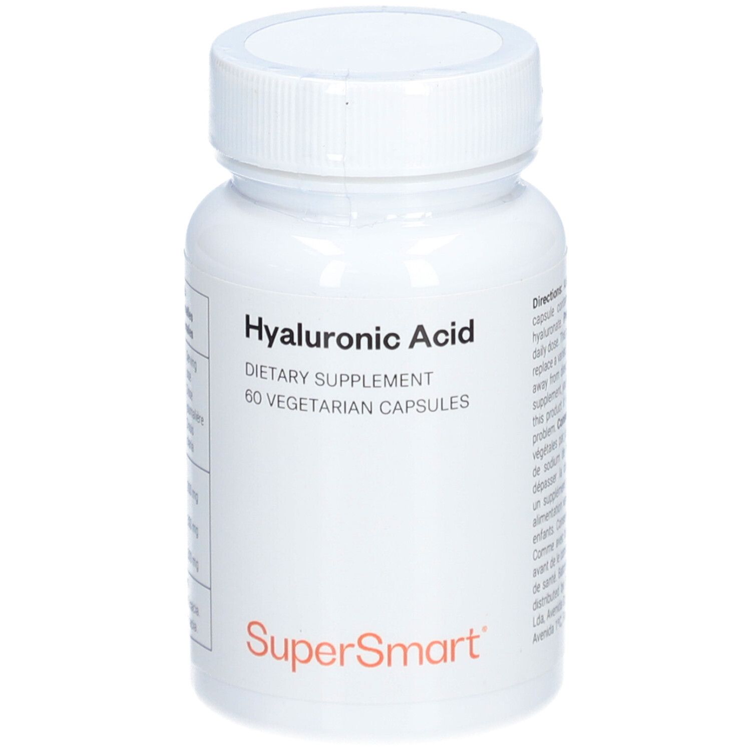 Fronte di un flacone di capsule di acido ialuronico, con istruzioni e precauzioni.