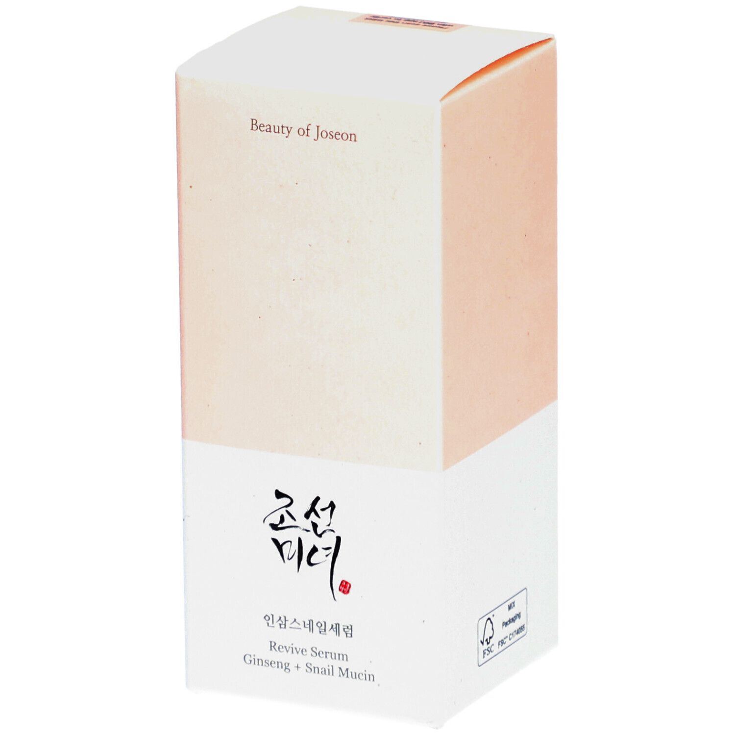 Scatola Beauty of Joseon Revive Serum. Bianco-rosa. Testo: Ginseng + Bava di lumaca. Logo FSC.