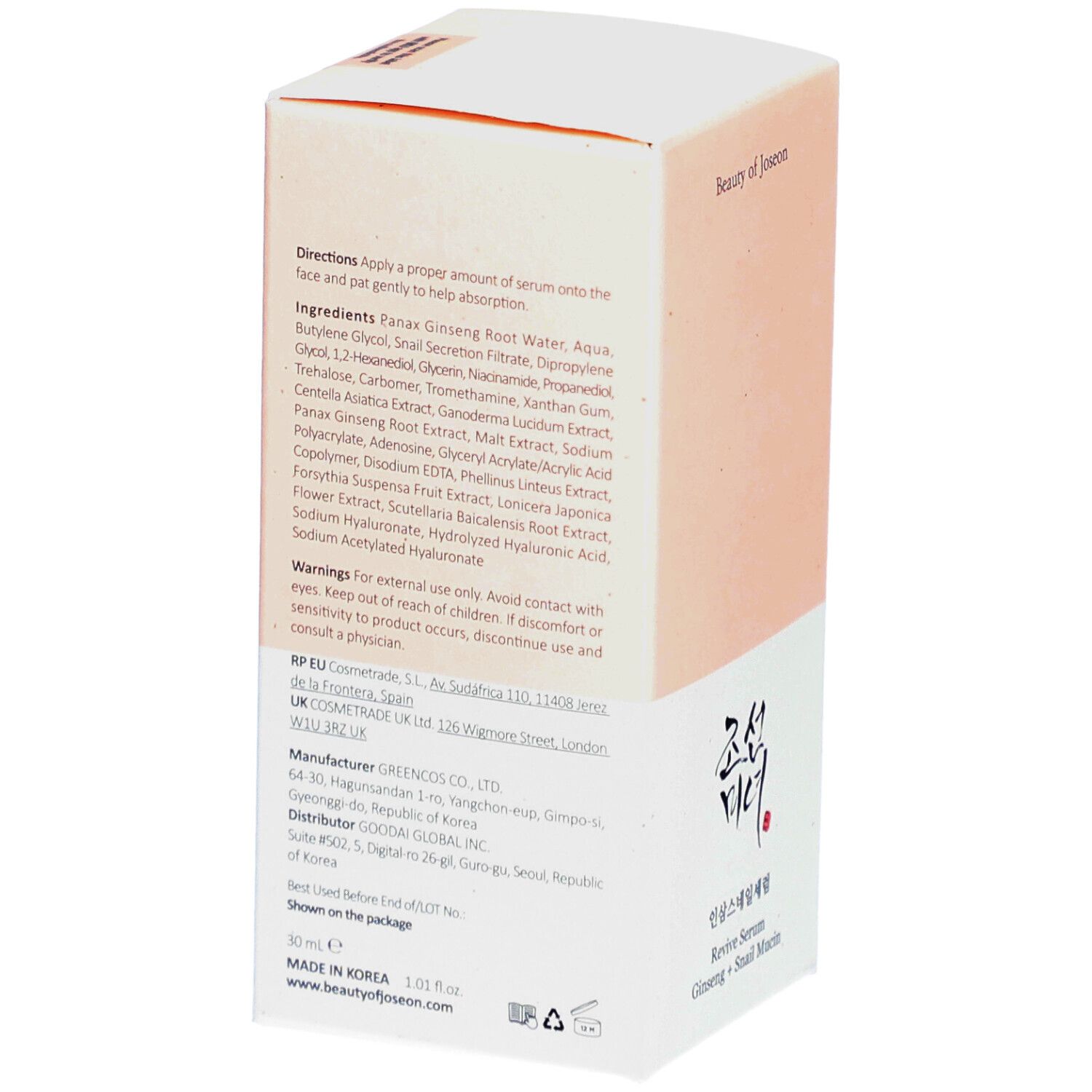 Retro della scatola Beauty of Joseon Revive Serum. Ingredienti e istruzioni. Bianco-rosa.