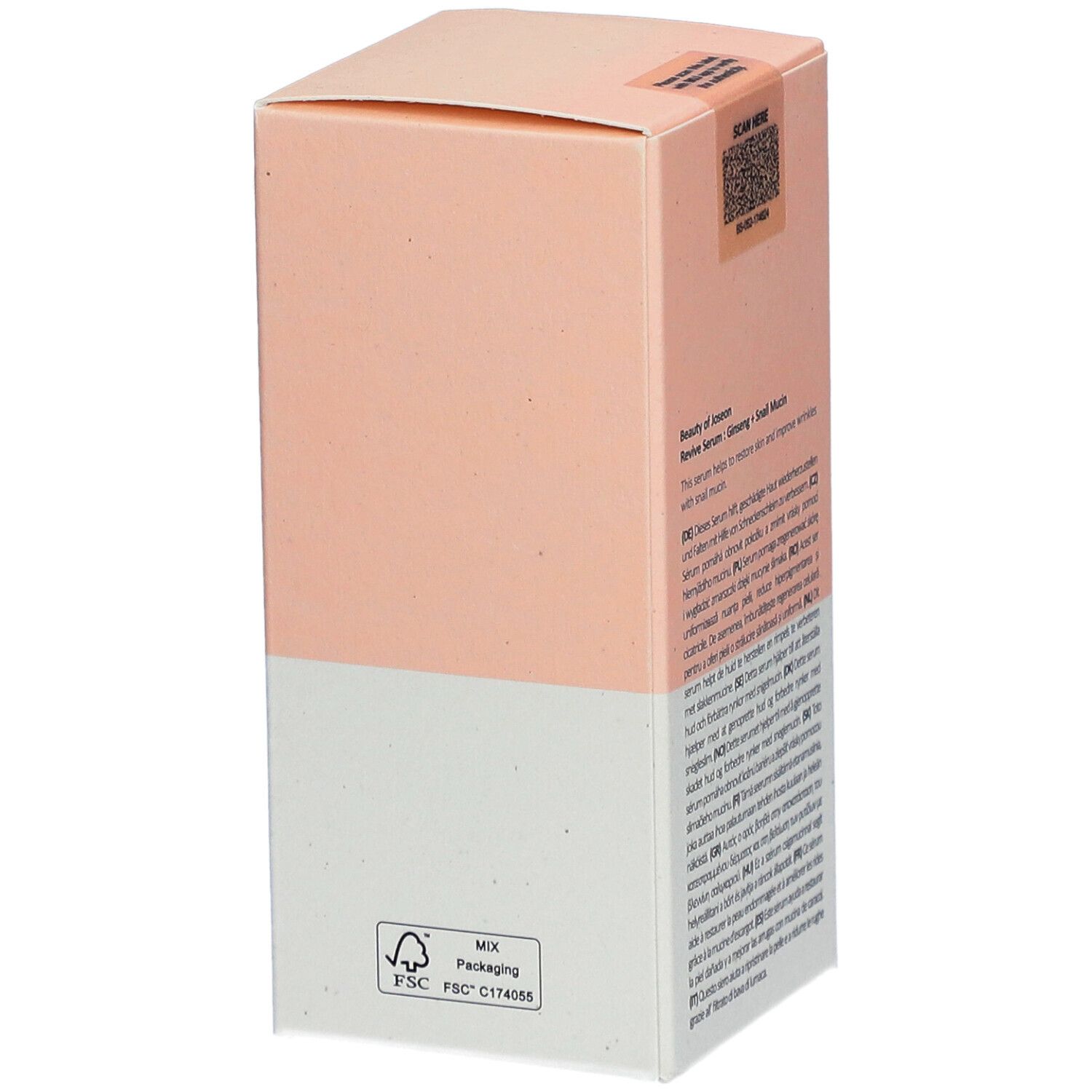 Scatola Beauty of Joseon Revive Serum. Rosa-bianco. Logo FSC. Testo: Ginseng + Bava di lumaca.