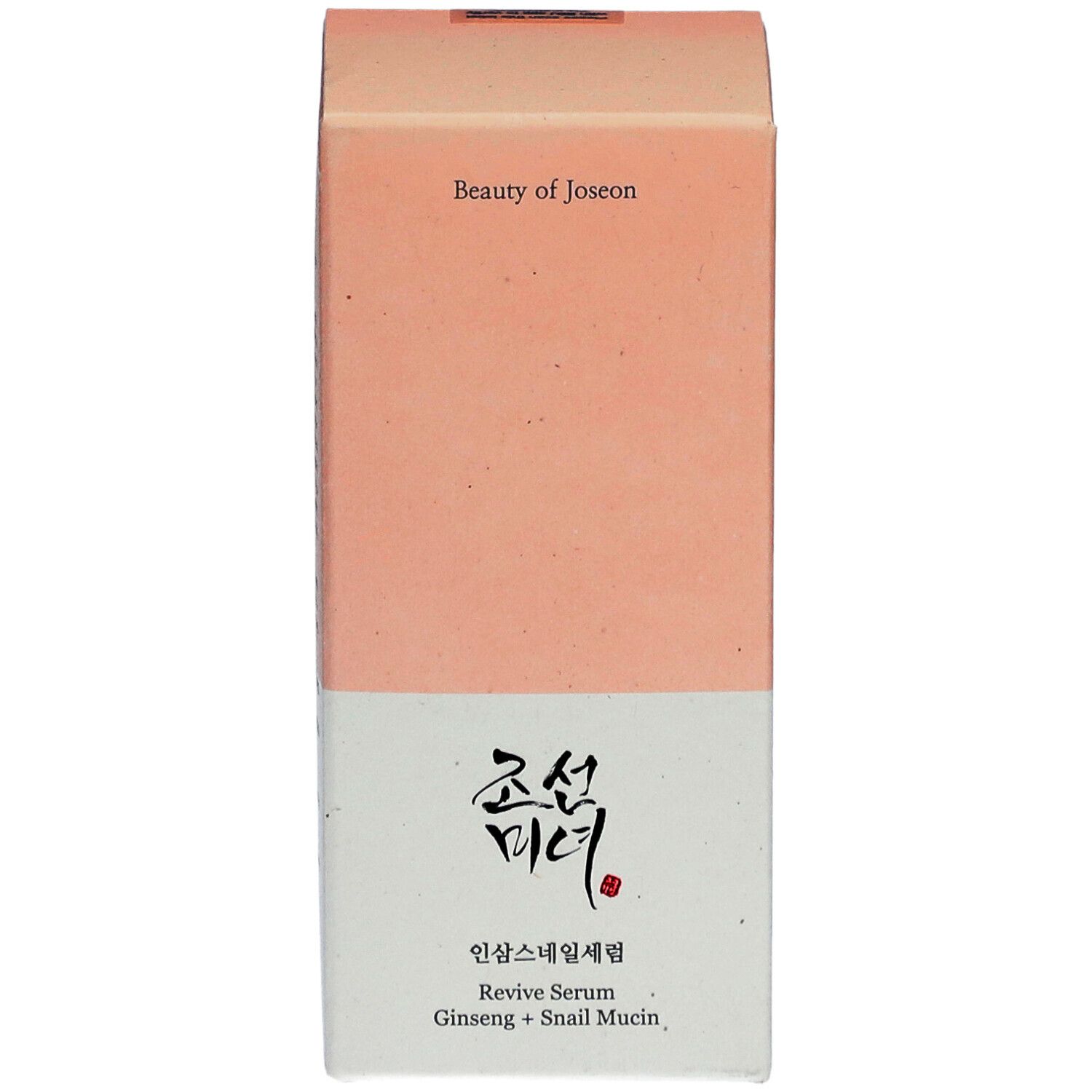 Scatola Beauty of Joseon Revive Serum. Bianco-rosa. Testo: Ginseng + Bava di lumaca. Caratteri coreani.