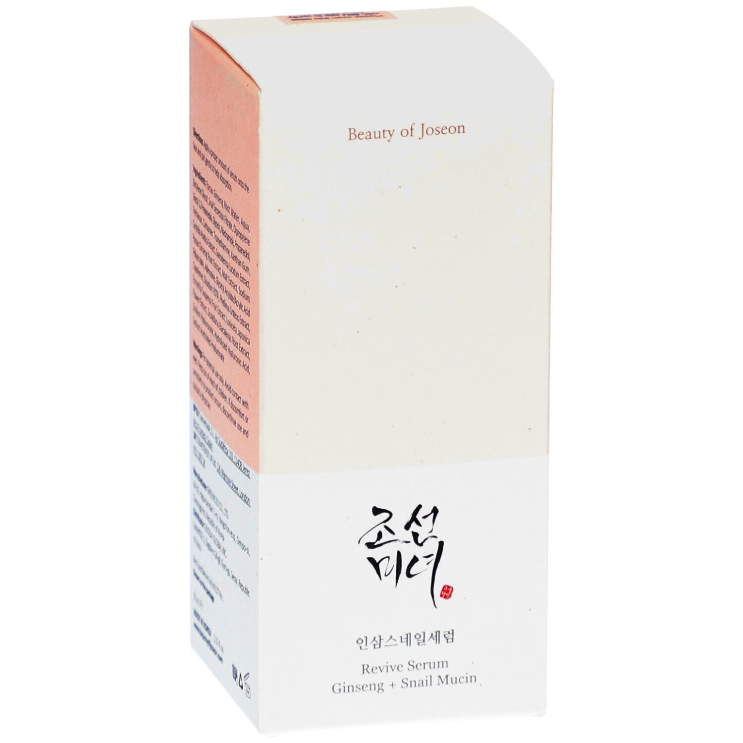 Scatola Beauty of Joseon Revive Serum. Bianco-rosa. Testo: Ginseng + Bava di lumaca. Caratteri coreani.