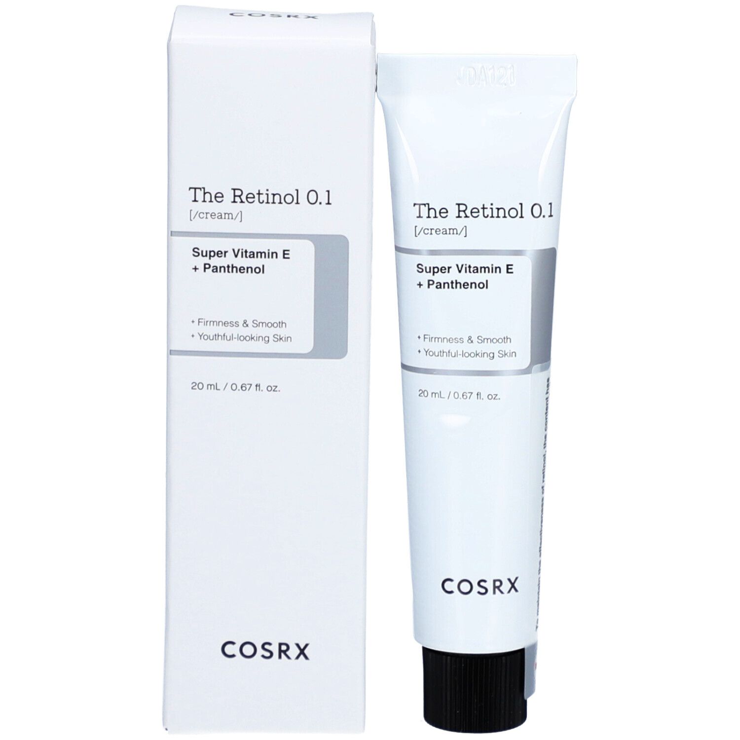 Prodotto e confezione. Tubo e scatola bianchi. Scritta: The Retinol 0.1, Super Vitamin E + Panthenol, 20 ml, COSRX.