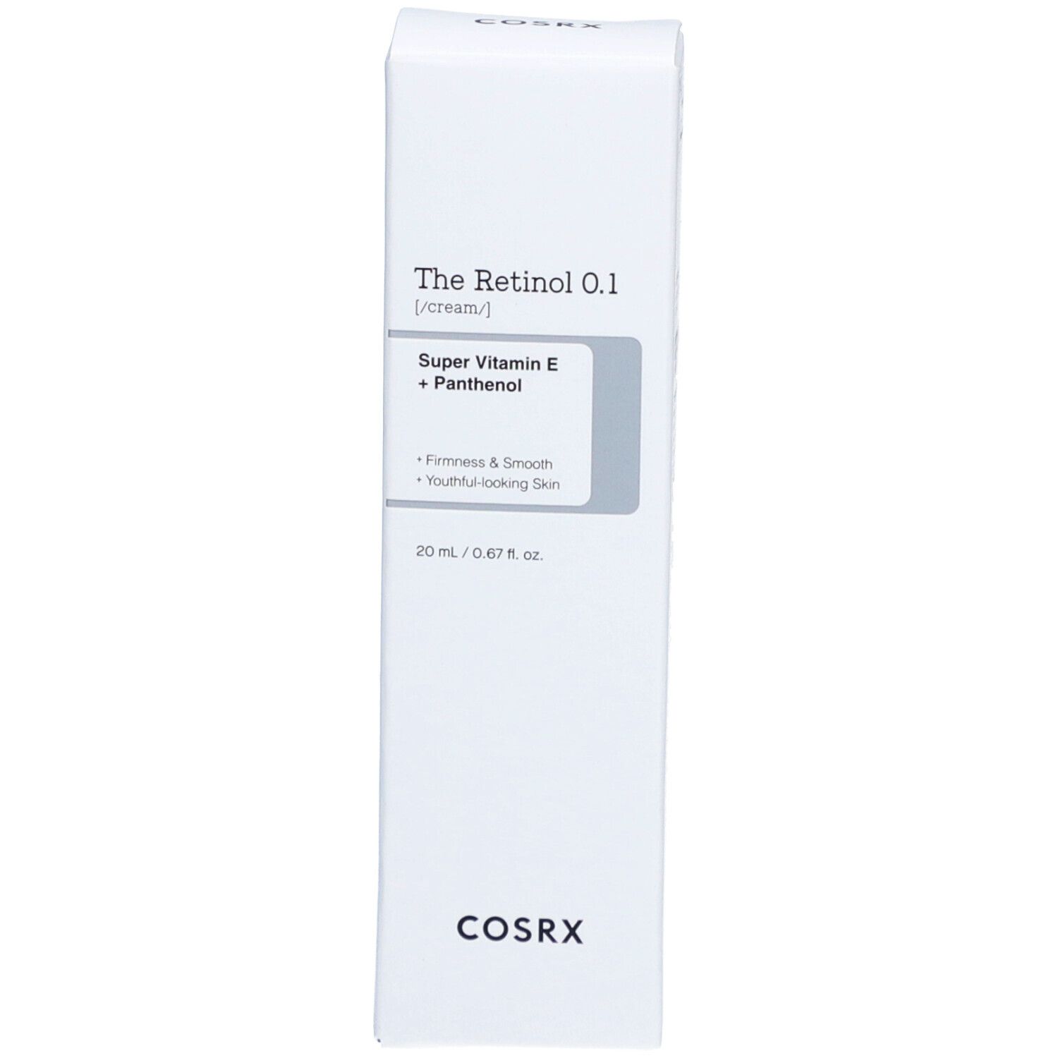 Scatola bianca. Scritta: The Retinol 0.1, Super Vitamin E + Panthenol, 20 ml, COSRX.