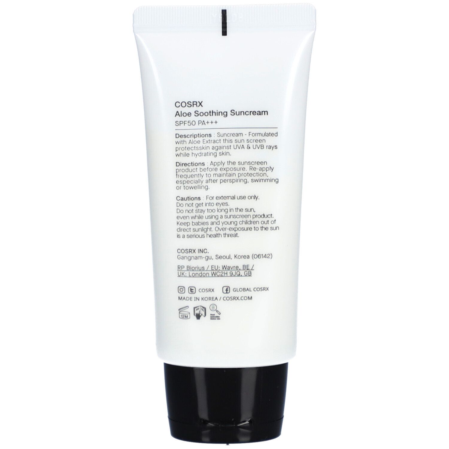 Retro del tubo bianco. Testo: COSRX Aloe Soothing Suncream SPF50 PA+++. Descrizione, istruzioni per l'uso e precauzioni.