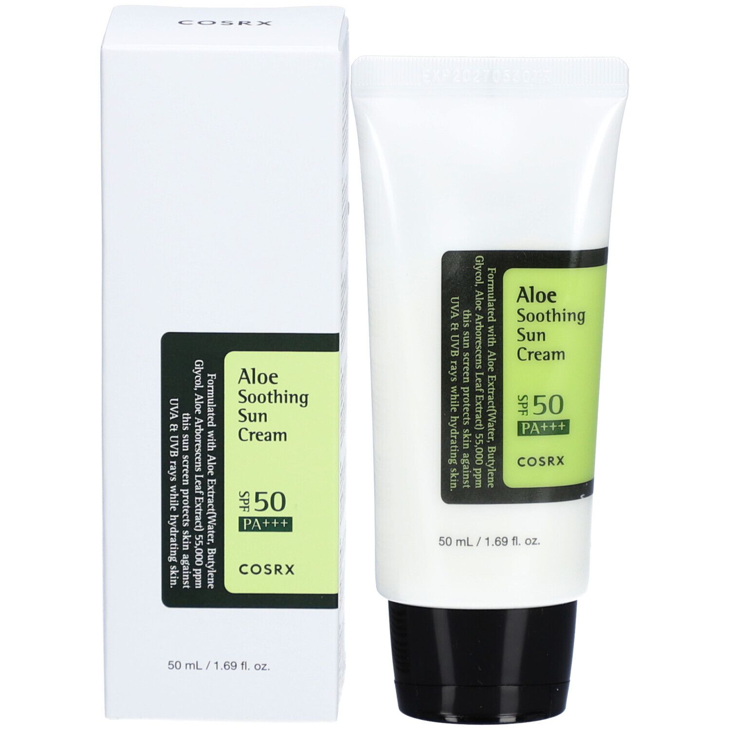 Confezione bianca con tubo. Scritta: Aloe Soothing Sun Cream SPF50+ di COSRX. Etichetta verde e bianca con informazioni.