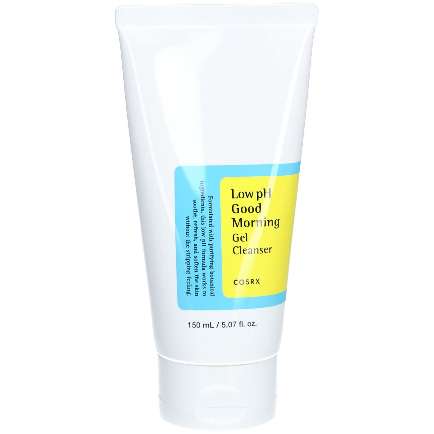 Tubo bianco con etichetta blu-gialla. Scritta: Low pH Good Morning Gel Cleanser, COSRX. 150 ml.
