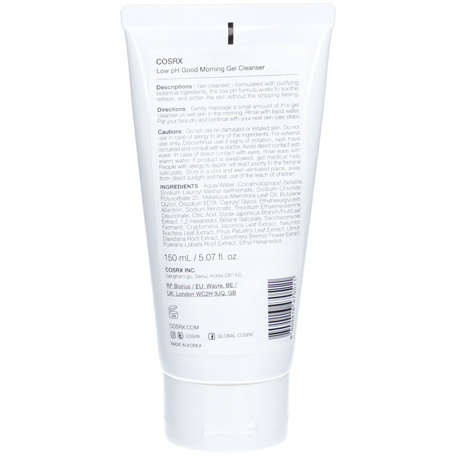 Retro del tubo bianco. Testo: COSRX Low pH Good Morning Gel Cleanser. Ingredienti, istruzioni per l'uso.