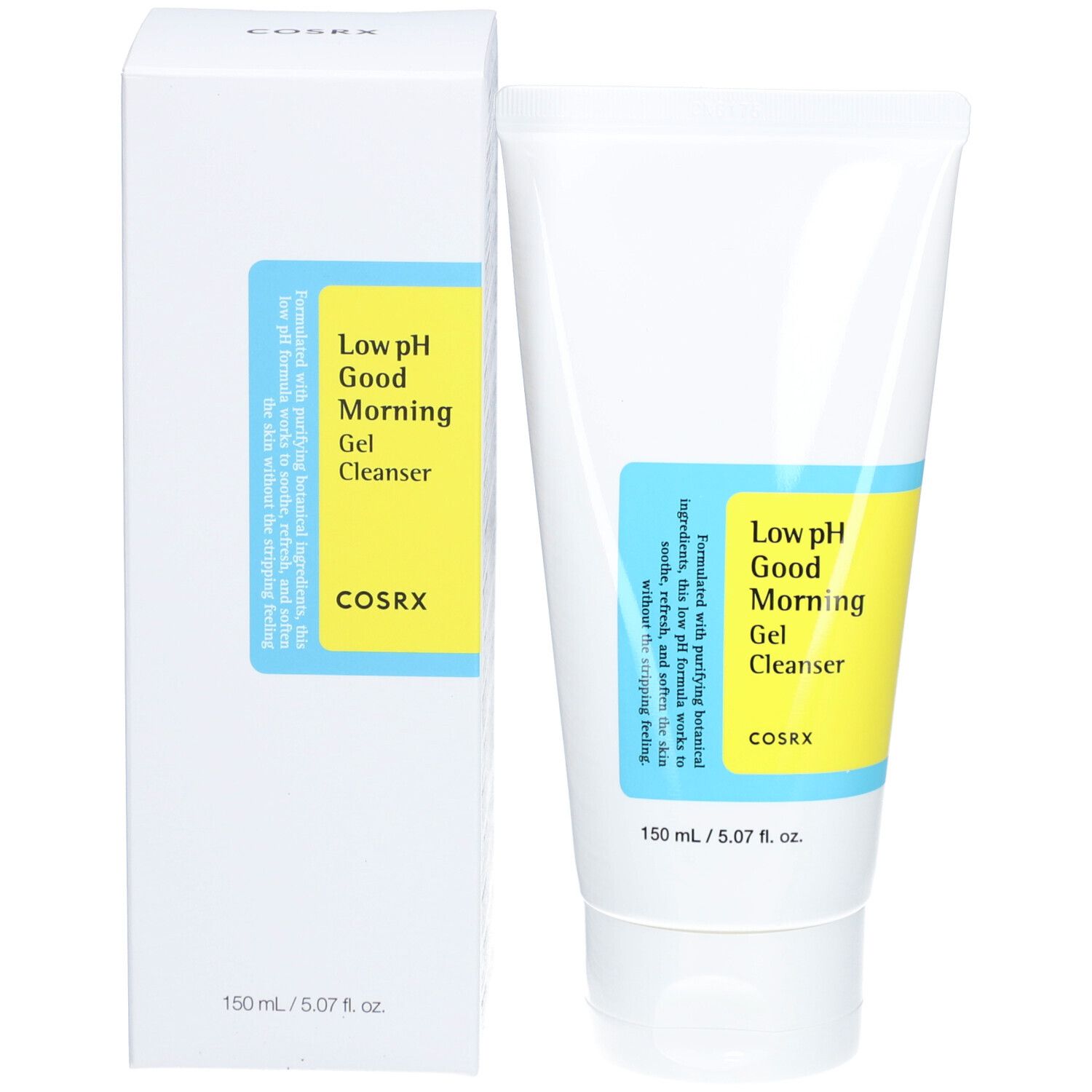 Scatola e tubo bianchi. Scritta: Low pH Good Morning Gel Cleanser, COSRX. 150 ml. Etichetta blu-gialla.