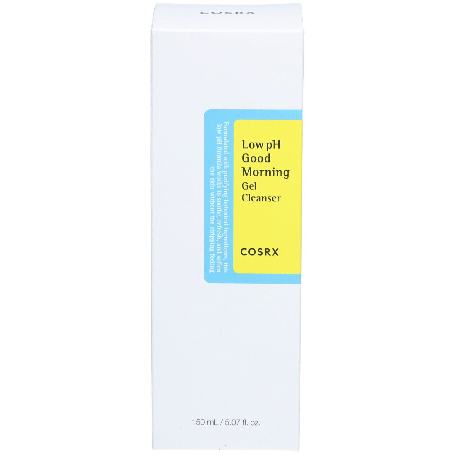 Scatola bianca con etichetta blu-gialla. Scritta: Low pH Good Morning Gel Cleanser, COSRX. 150 ml.