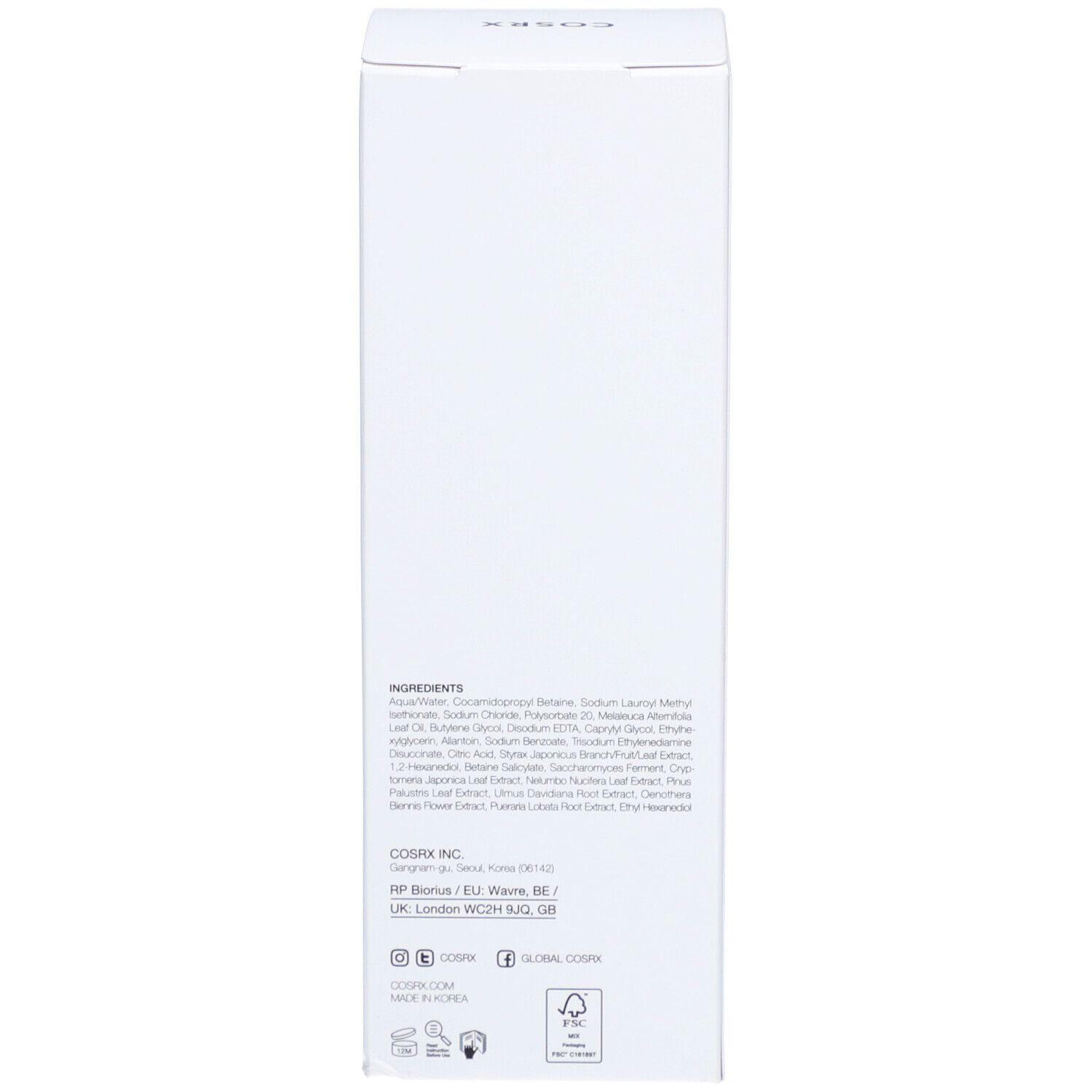 Retro della scatola bianca. Ingredienti, contatti, loghi. COSRX Low pH Good Morning Gel Cleanser.