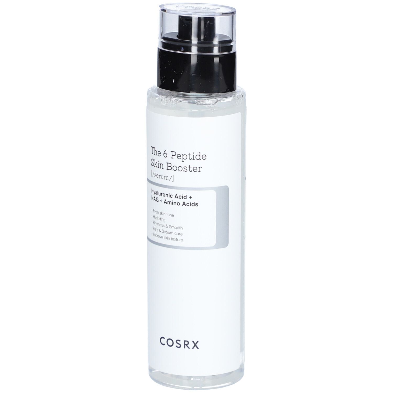 Flacone di siero con erogatore nero. Scritte: The 6 Peptide Skin Booster, COSRX. Contiene informazioni sugli ingredienti.