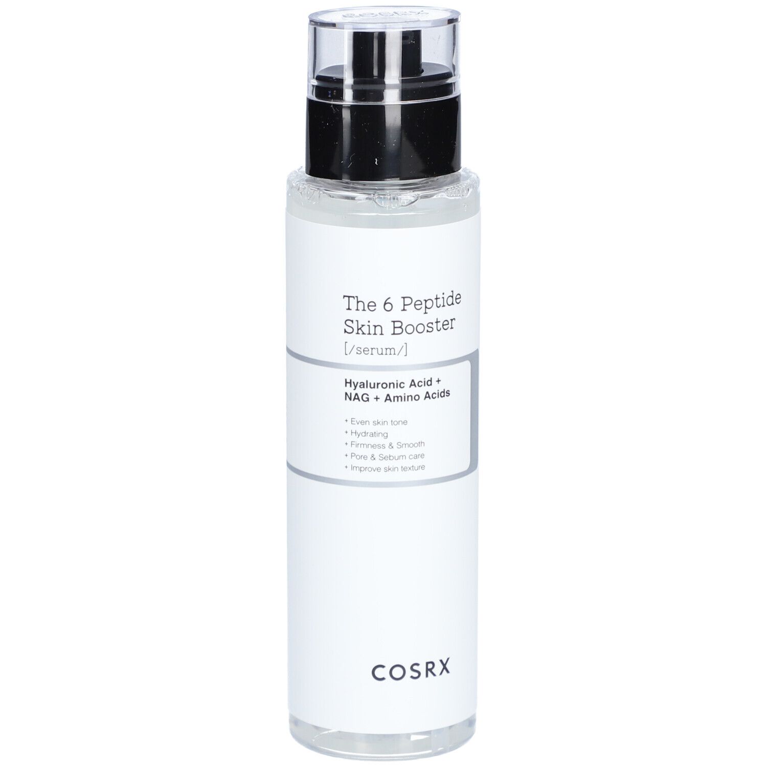 Flacone di siero con erogatore nero. Scritte: The 6 Peptide Skin Booster, COSRX. Contiene informazioni sugli ingredienti.