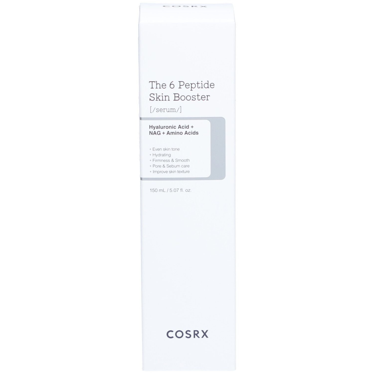 Confezione con informazioni sul prodotto. Scritte: The 6 Peptide Skin Booster, COSRX. Contiene informazioni sul prodotto.