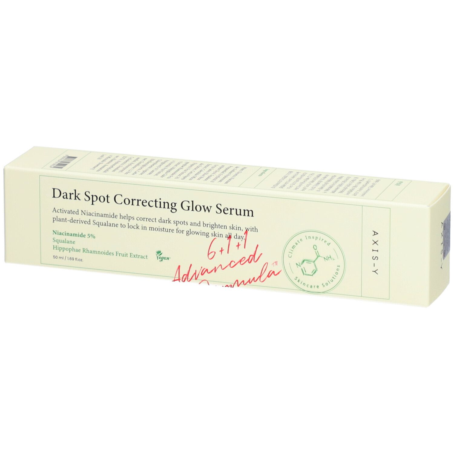 Confezione beige con testo. Scritta: Dark Spot Correcting Glow Serum. Marchio: AXIS-Y. Contiene informazioni sugli ingredienti e certificazioni.
