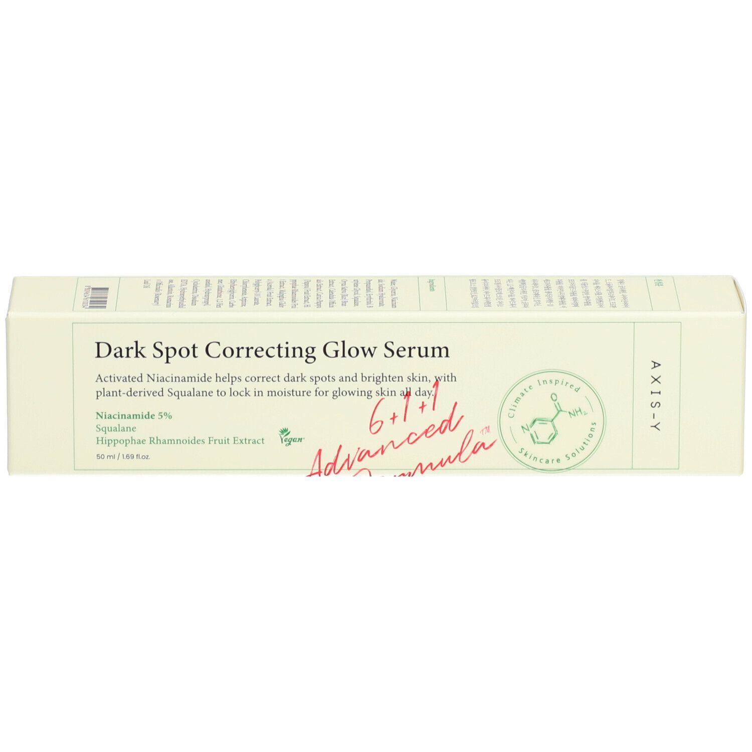 Confezione del prodotto beige con testo. Scritta: Dark Spot Correcting Glow Serum. Marchio: AXIS-Y. Contiene informazioni sugli ingredienti e certificazioni.