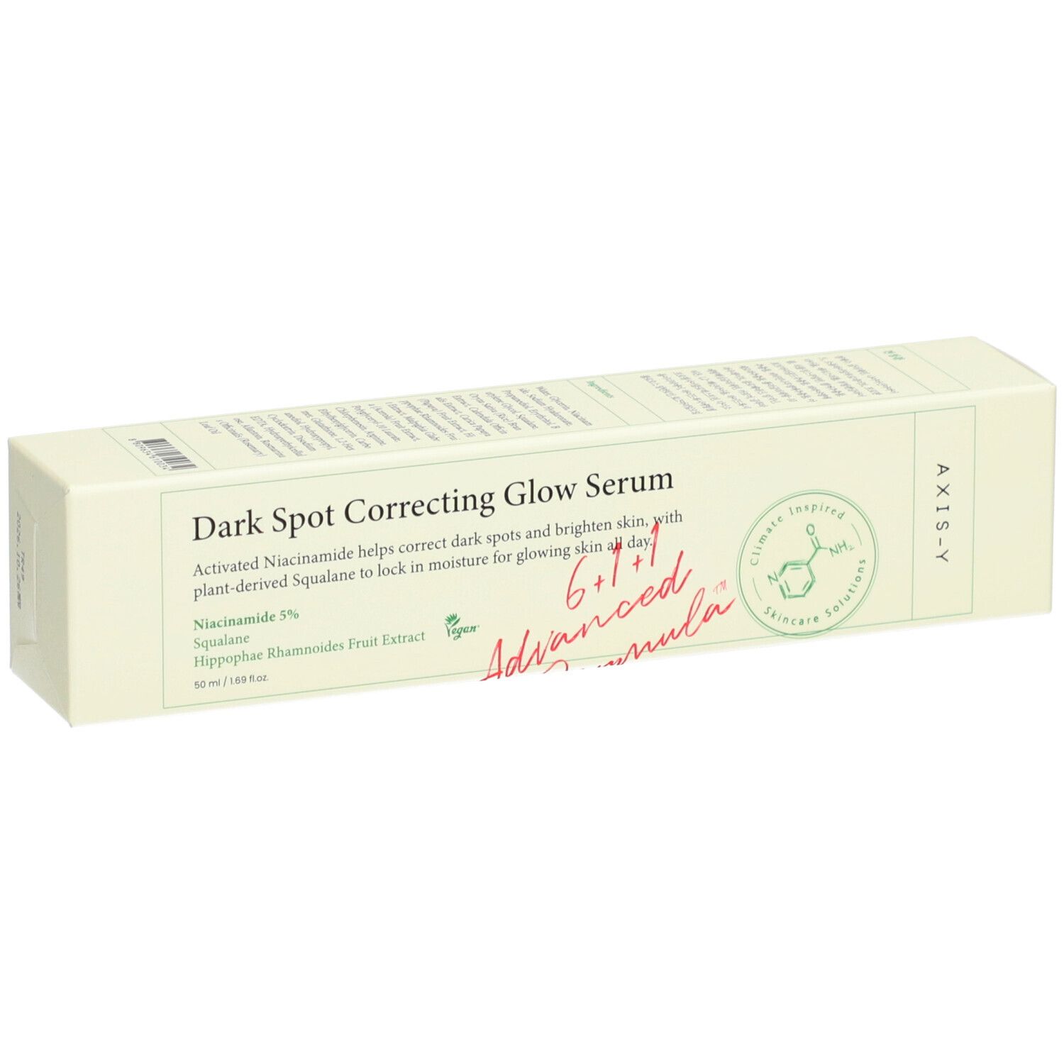 Confezione del prodotto beige con testo. Scritta: Dark Spot Correcting Glow Serum. Marchio: AXIS-Y. Contiene informazioni sugli ingredienti e certificazioni.