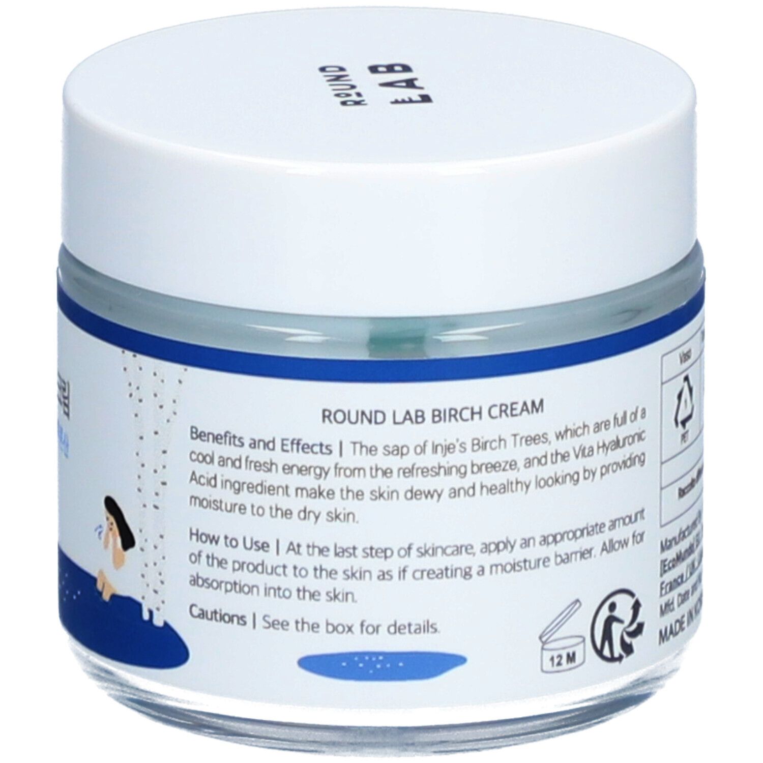 Vasetto di crema con coperchio bianco. Etichetta blu con testo e illustrazione. Simbolo 12M.