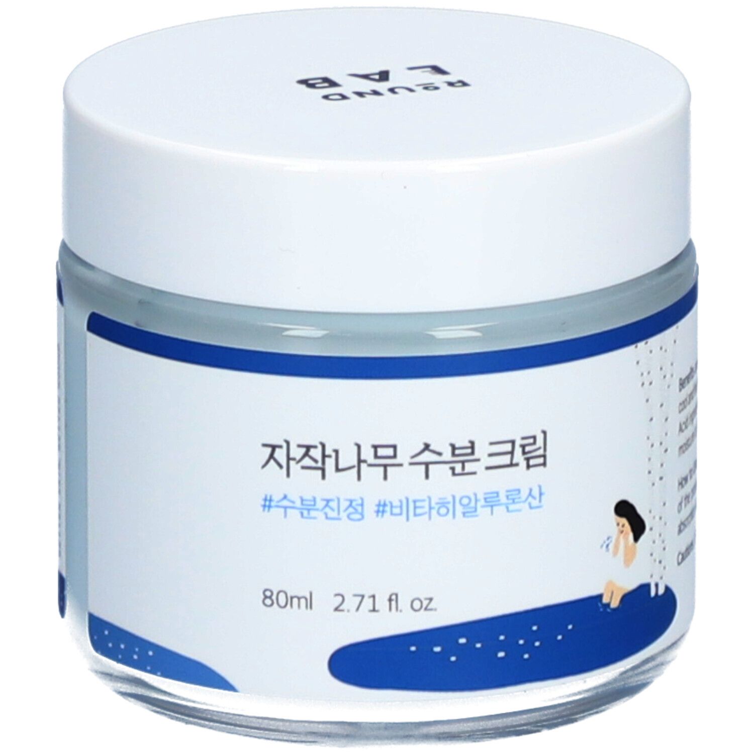Vasetto di crema con coperchio bianco. Etichetta blu con testo coreano e illustrazione. 80ml.