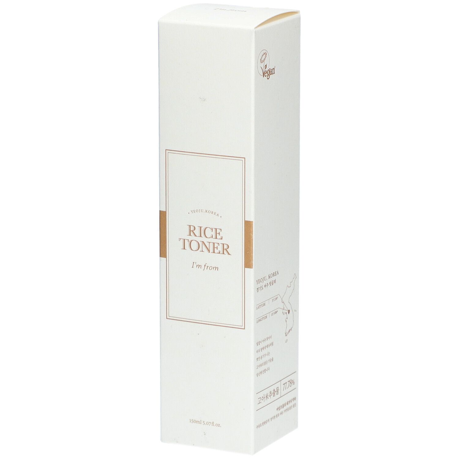 Confezione bianca con testo Rice Toner, i'm from. Sigillo vegano.