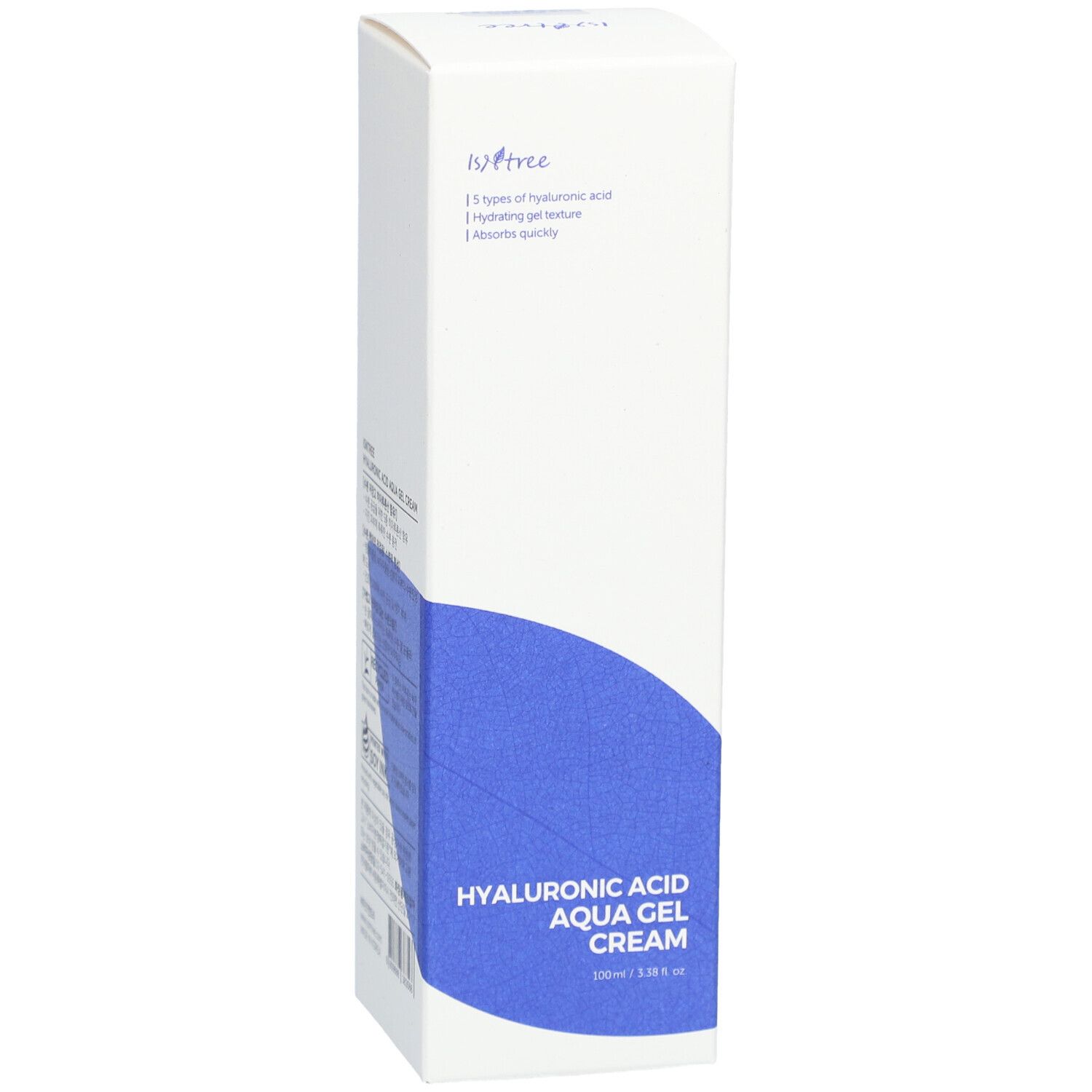 Confezione bianca con design blu. Scritta: Hyaluronic Acid Aqua Gel Cream. Marchio Isntree.