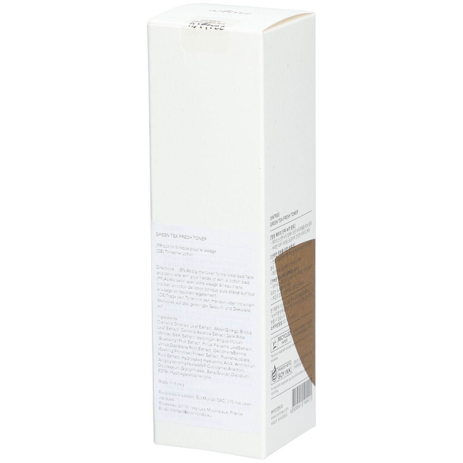 Confezione bianca con accento marrone. Scritta: Green Tea Fresh Toner. Marchio: Isntree.