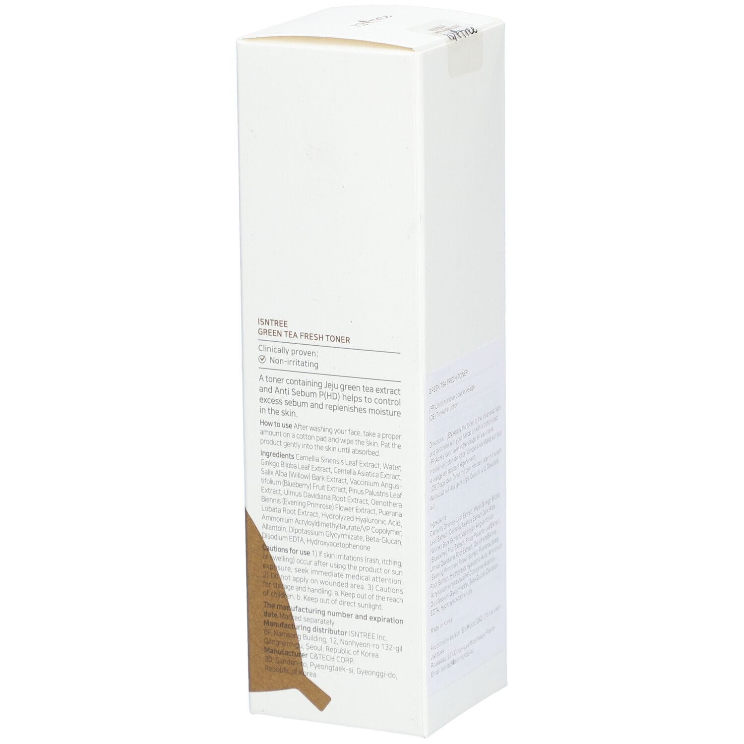 Confezione bianca con accento marrone. Scritta: Green Tea Fresh Toner. Marchio: Isntree.