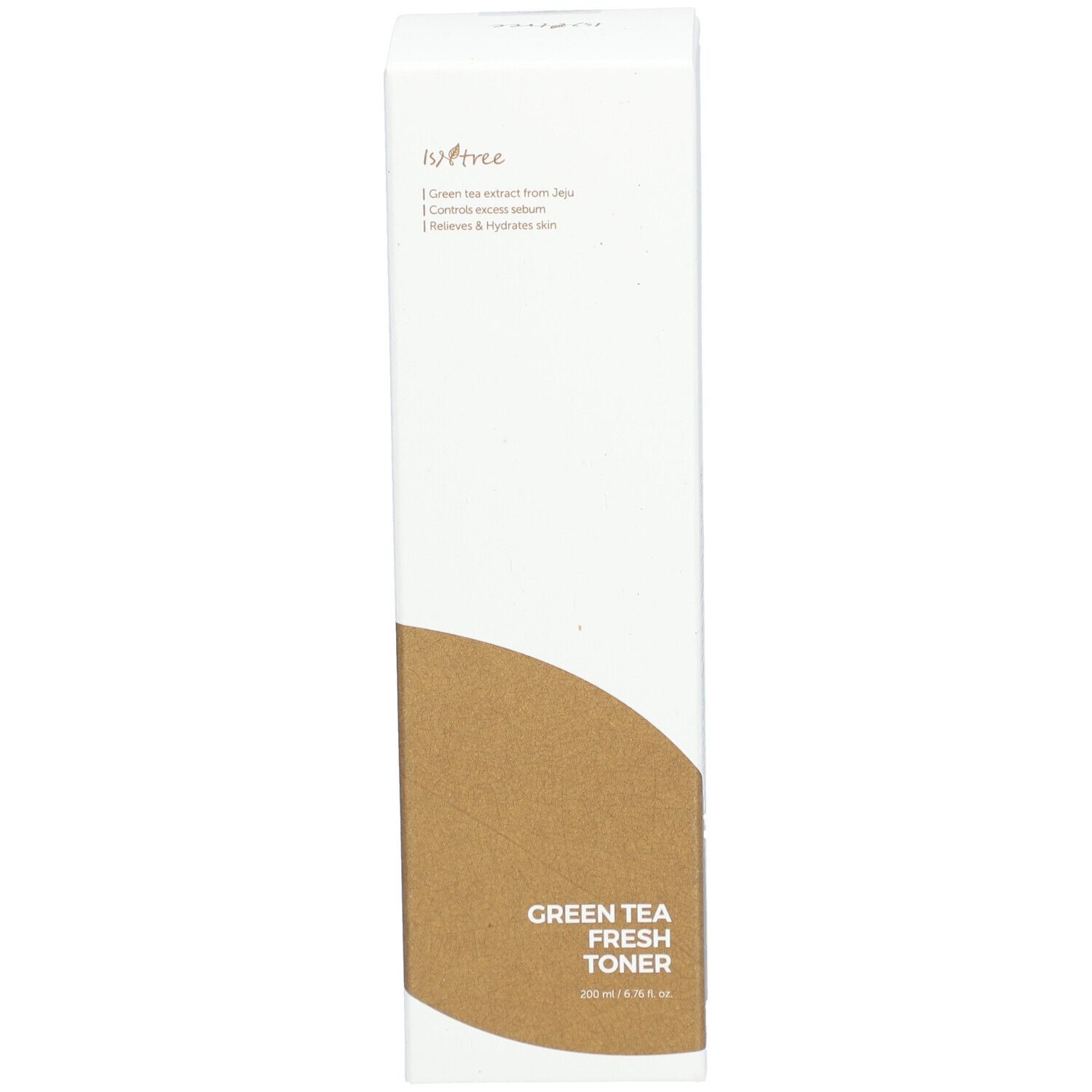 Confezione bianca con accento marrone. Scritta: Green Tea Fresh Toner. Marchio: Isntree.