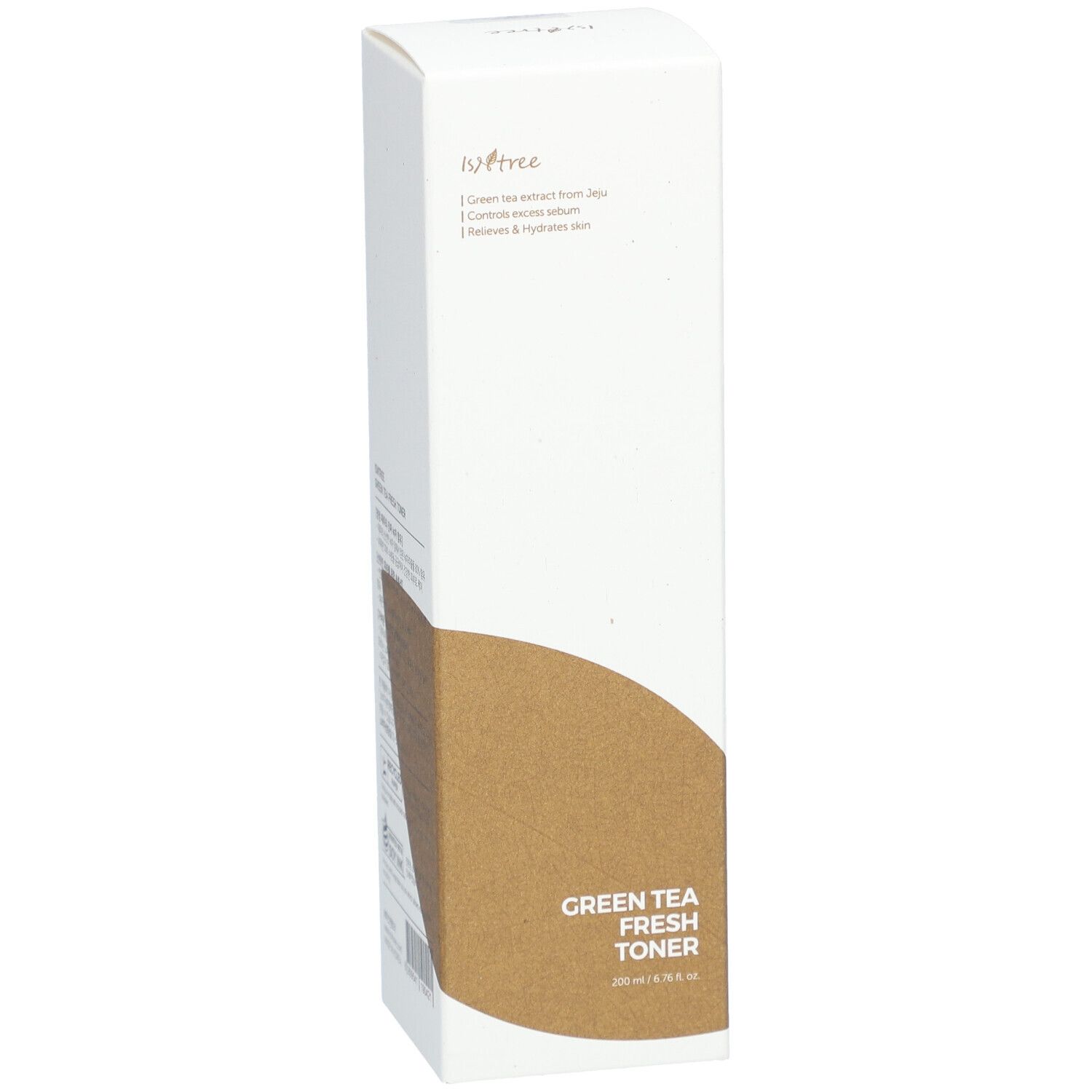 Confezione bianca con accento marrone. Scritta: Green Tea Fresh Toner. Marchio: Isntree.