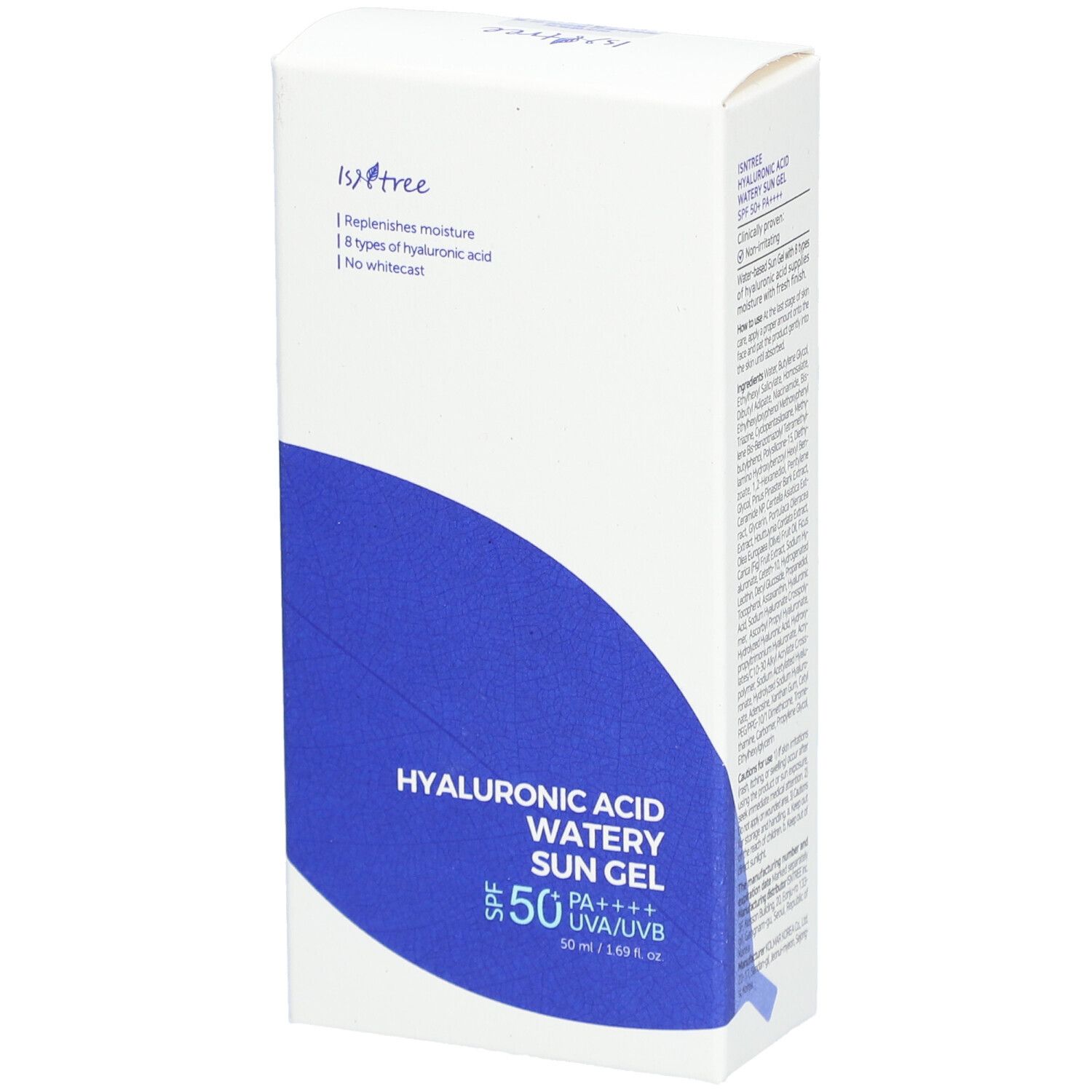 Scatola bianca con riquadro blu. Scritta: Hyaluronic Acid Watery Sun Gel SPF50+ PA++++. Marchio Isntree.