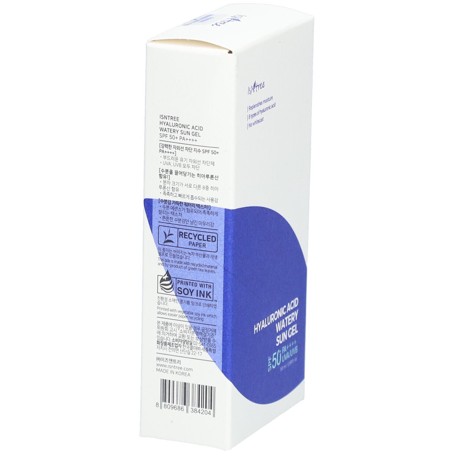 Scatola bianca e blu. Scritta: Hyaluronic Acid Watery Sun Gel SPF50+ PA++++. Marchio Isntree. Testo sul retro.