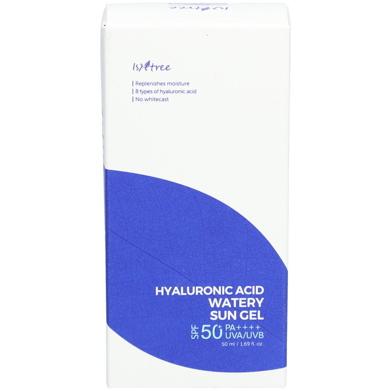 Scatola bianca e blu. Scritta: Hyaluronic Acid Watery Sun Gel SPF50+ PA++++. Marchio Isntree. Testo sul retro.