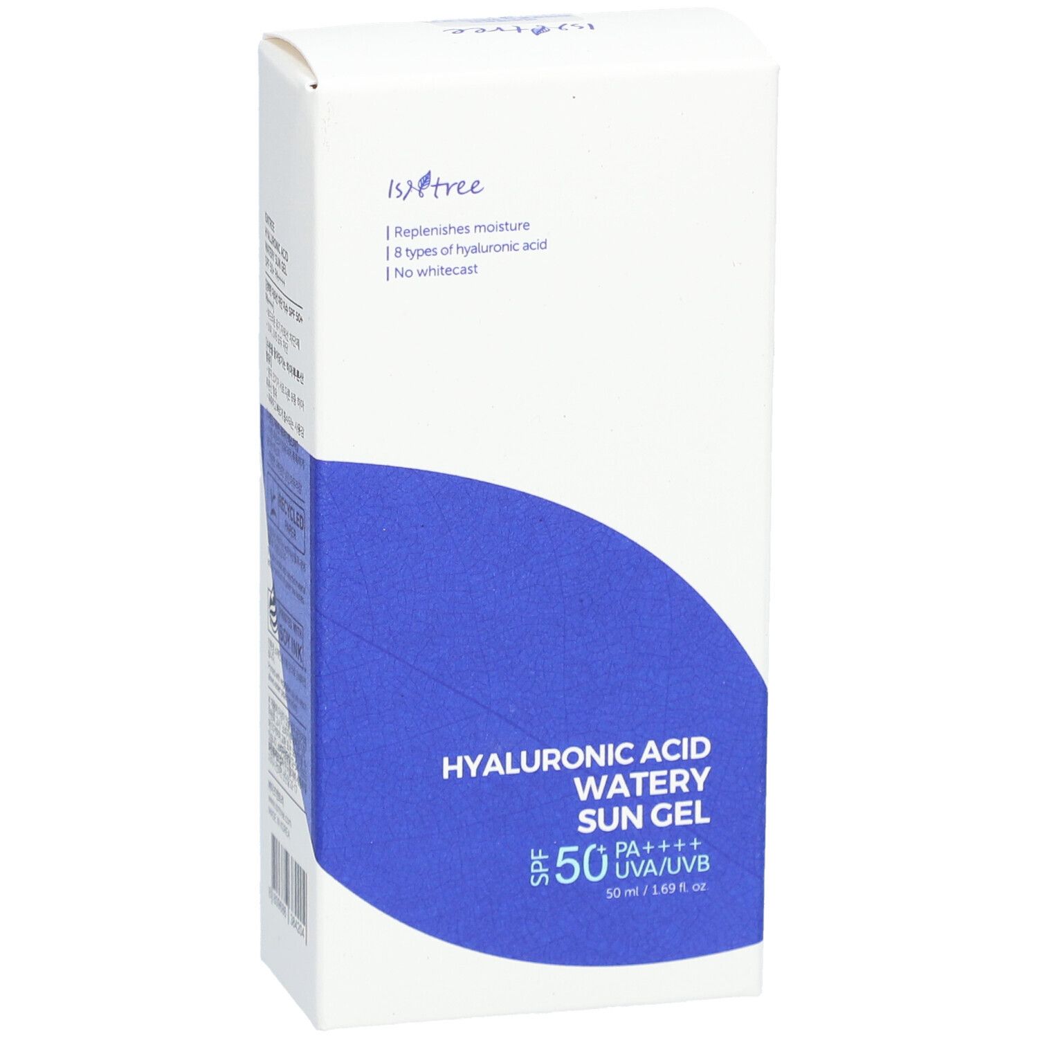 Scatola bianca con riquadro blu. Scritta: Hyaluronic Acid Watery Sun Gel SPF50+ PA++++. Marchio Isntree.