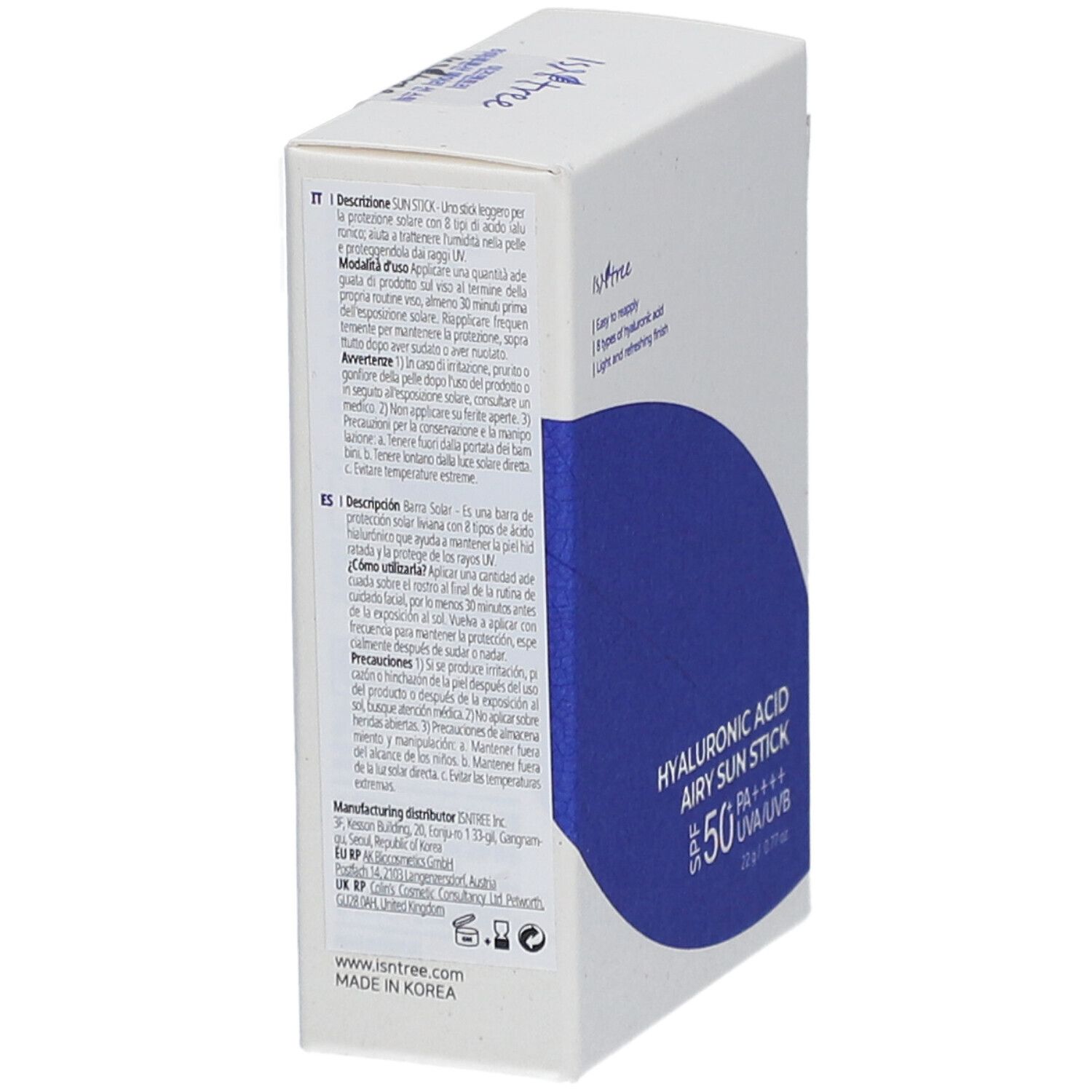 Confezione bianca con testo e adesivo blu. Testo: Hyaluronic Acid Airy Sun Stick SPF50+ PA++++. Marchio: Isntree. Confezione prodotto.