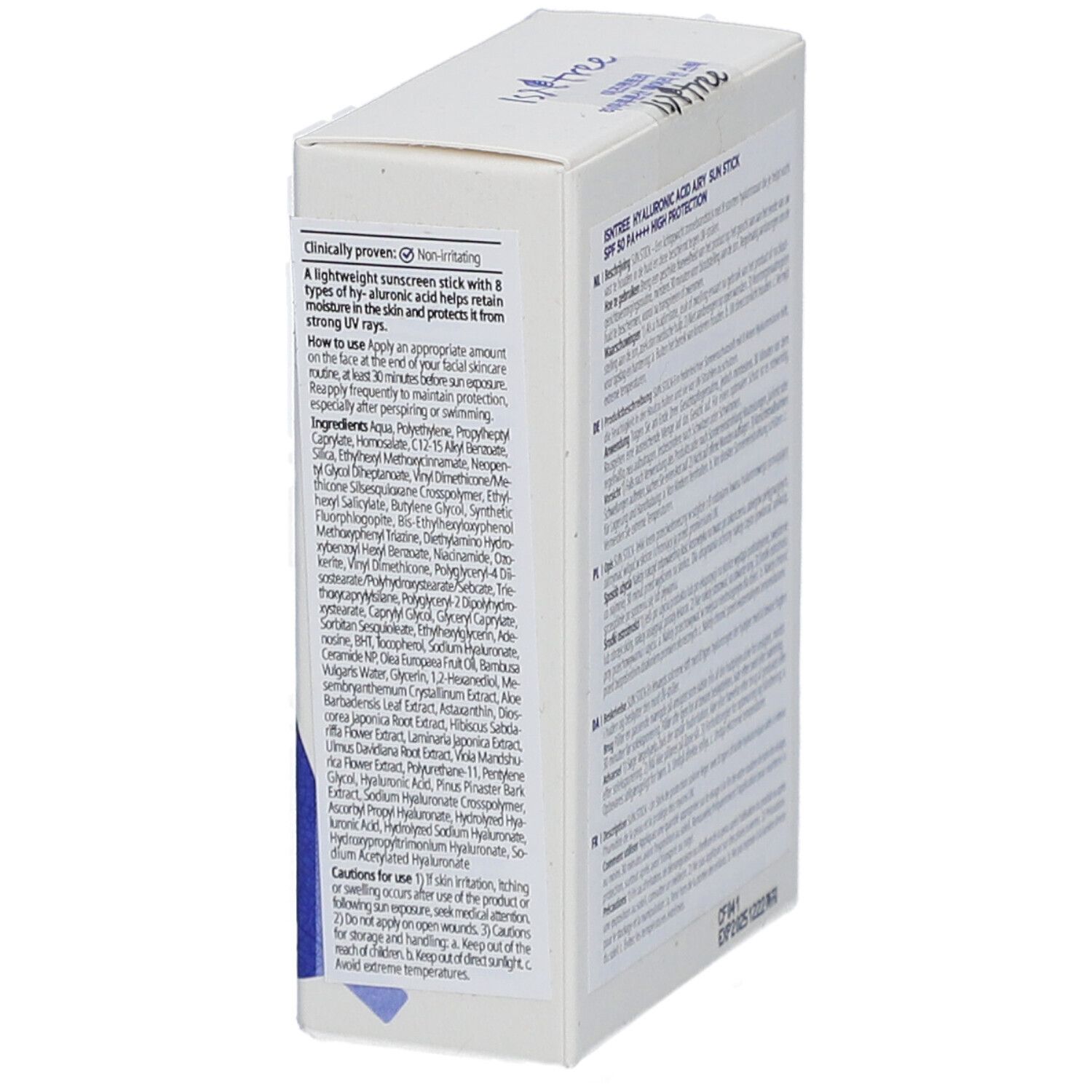 Confezione bianca con testo e adesivo blu. Testo: Hyaluronic Acid Airy Sun Stick SPF50+ PA++++. Marchio: Isntree. Confezione prodotto.