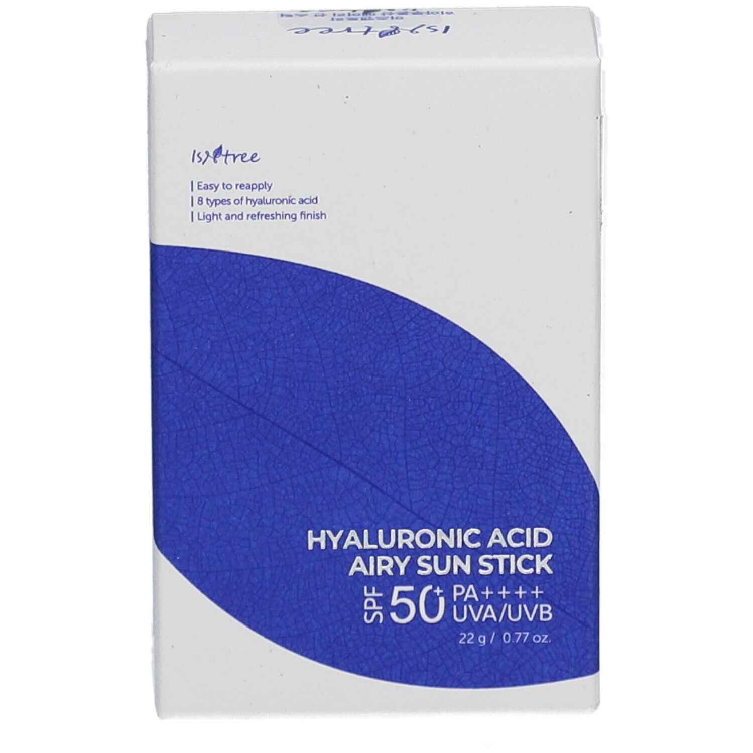Confezione bianca con testo e adesivo blu. Testo: Hyaluronic Acid Airy Sun Stick SPF50+ PA++++. Marchio: Isntree. Confezione prodotto.