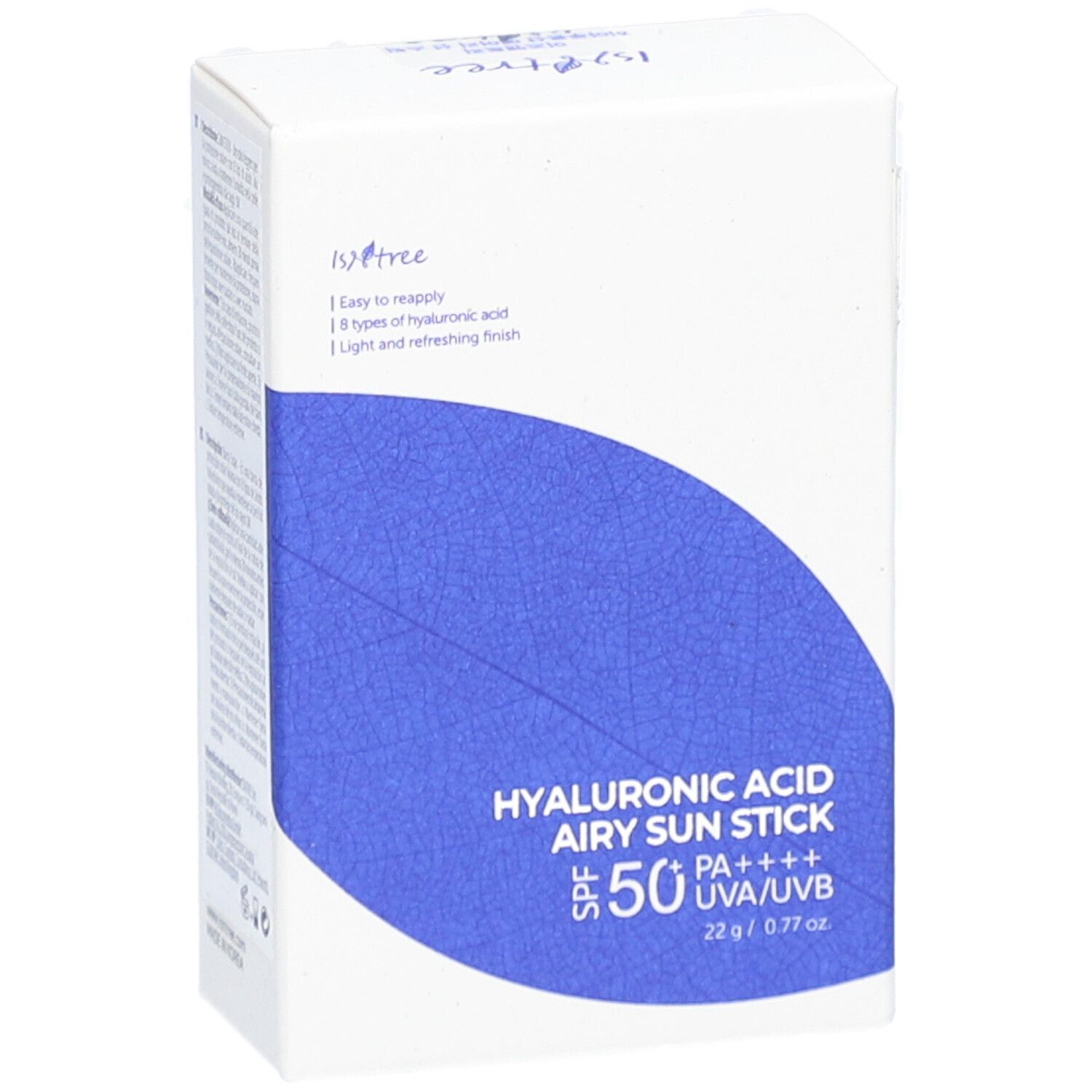 Confezione bianca con testo e adesivo blu. Testo: Hyaluronic Acid Airy Sun Stick SPF50+ PA++++. Marchio: Isntree. Confezione prodotto.