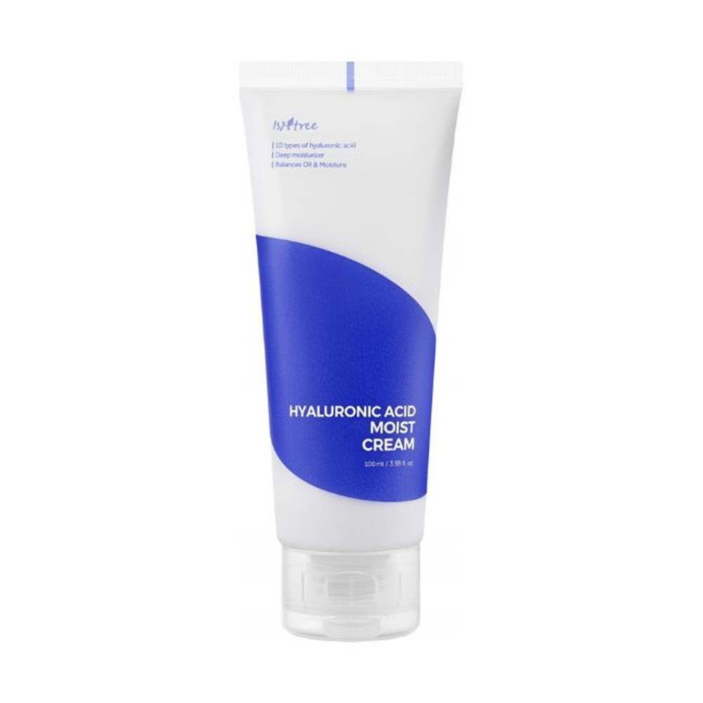 Tubo bianco con fascia blu. Scritta: Hyaluronic Acid Moist Cream. Marchio Isntree.