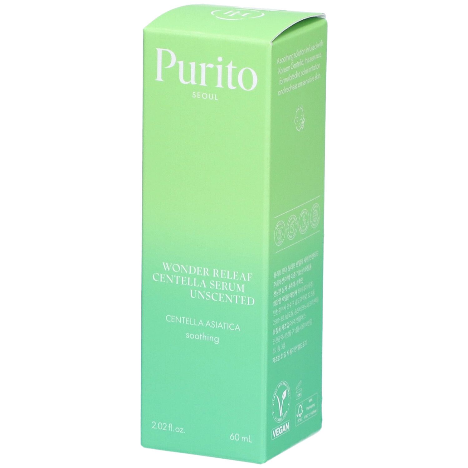 Scatola verde con informazioni sul prodotto. Scritto: Purito, Wonder Releaf Centella Serum Unscented. Sigillo vegano.